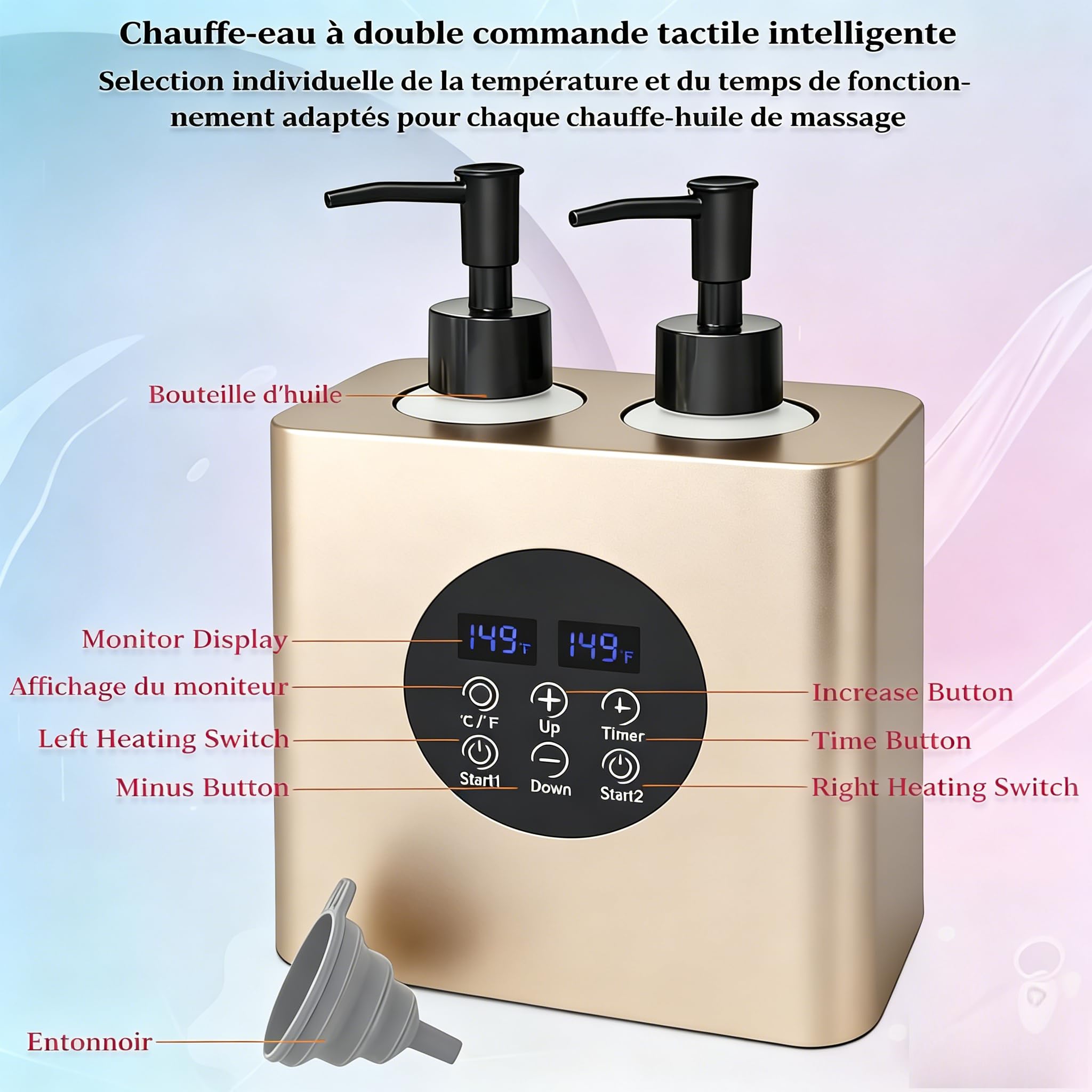 Chauffe huile de massage Double professionnel, Température réglable 30–65°C, Minuterie 0,5–24H, 4 Flacons + 2 Entonnoirs