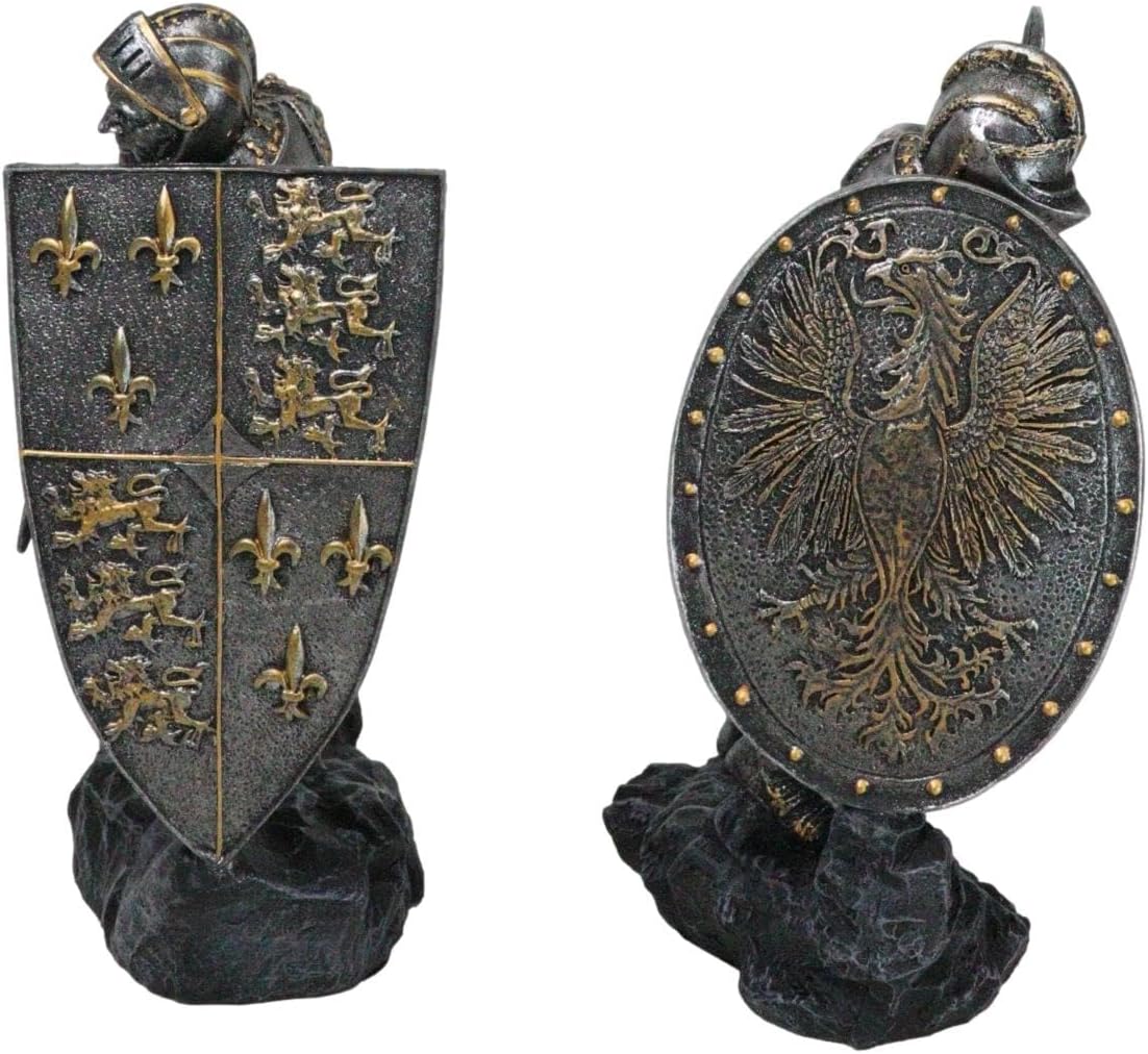 Ebros Dueling Medieval Crusader Knights with Giant Coat of Arms Heraldry Shields Bookends Statue Set 8.25" Tall Suit of Armor Swordsman Knight Age of Kings Decorative Book Ends Sculptures
