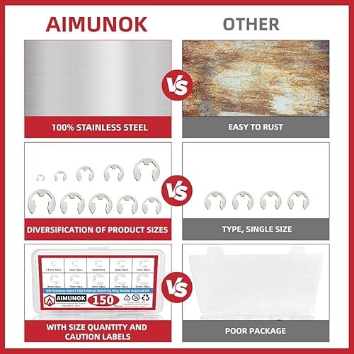 Vista 4 de Juego de anillos de retención externos E-Clip de 150 piezas, anillos de retención Snap de acero inoxidable 304, kit de C-Clip, 10 tamaños SAE