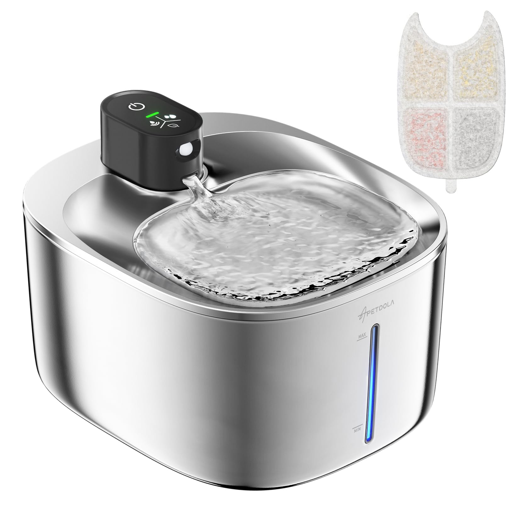 Fontana per Gatti Senza Fili con Rilevatore di Movimento, APETDOLA 4L Fontanella in Acciaio Inossidabile Cordless con Batteria 4000 mAh, Fontana Ultra Silenziosa per Gatti FS10pro (Nero, 1 filtri)
