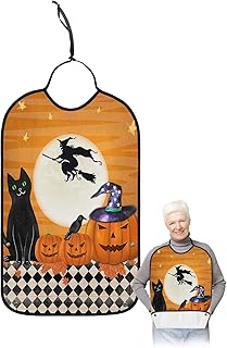 BOBOWUNY Halloween Adult Bibs for Elder Women Men Eating, Black Beige Plaid Orange Pumpkin Cat Waterproof & Washable Bibs for Eating Clothing Protector Dining Bibs for Crumb Catcher