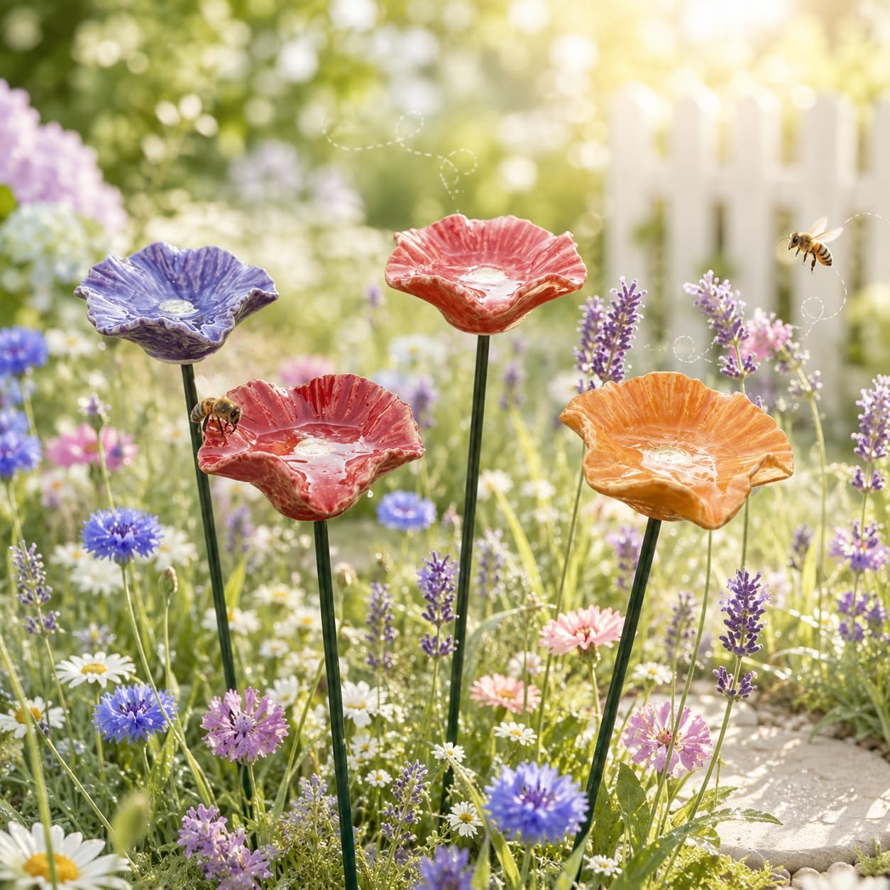 GartenOrt Ręcznie wykonane kwiaty pszczół – odporne na warunki atmosferyczne ceramiczne poidło, ręcznie wykonane kwiaty z ceramiki, odporne na warunki atmosferyczne kwiaty ceramiczne jako dekoracja i