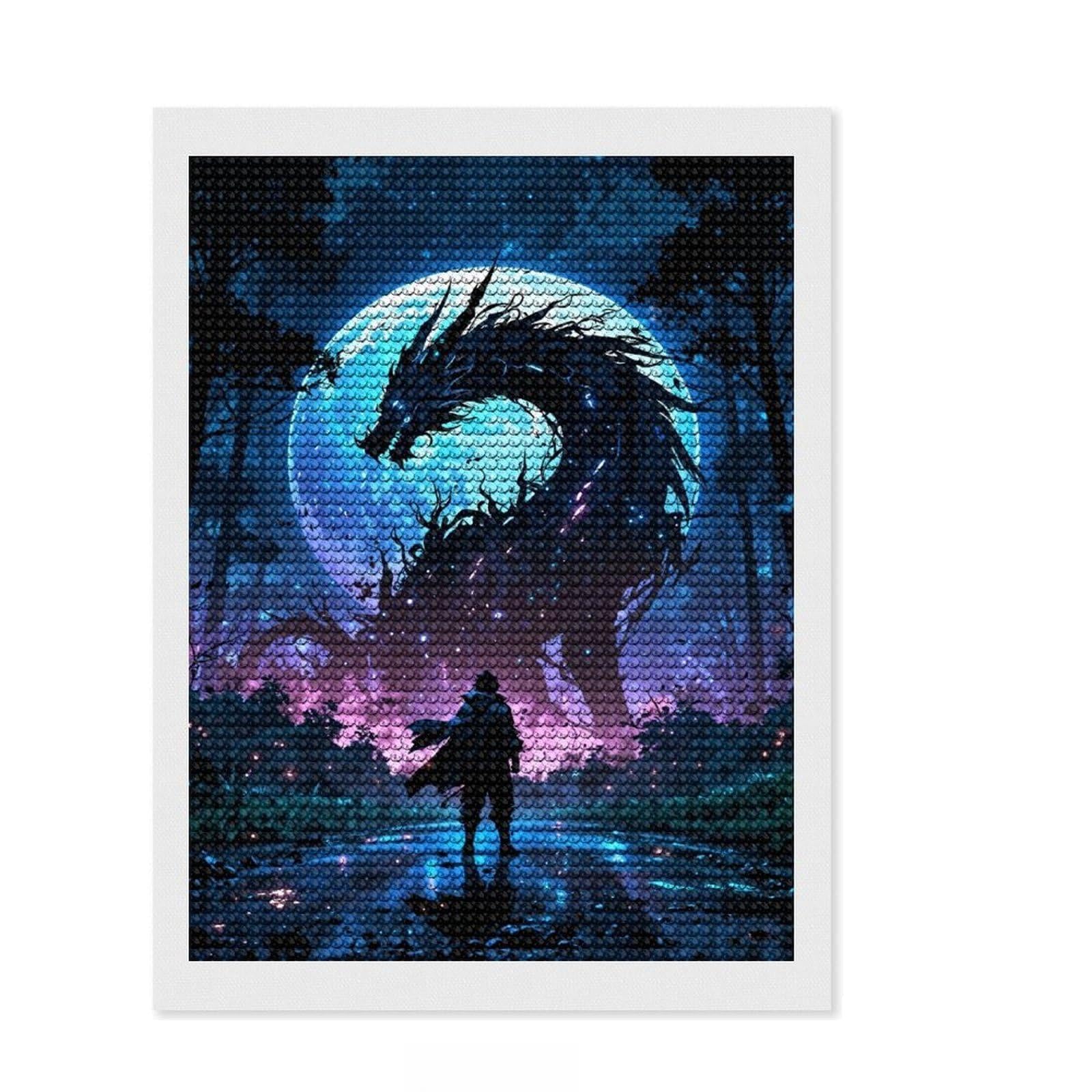 Junmoney Moonlit Dragon Confrontation Diamond Painting Canvas Kit 12"x16", Winter Craft, Home Decoration, Boho Decor, Thoughtful Present, Creative Hobby