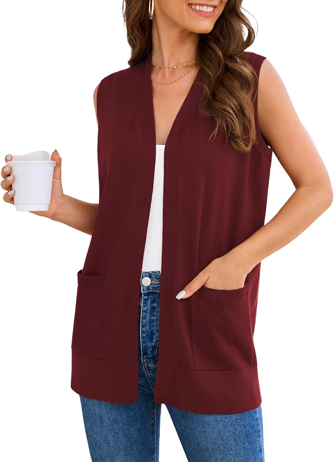 Veryoung Women Vests Fashion Casual Sleeveless Cardigan Sweaters Soft Knit Dressy Ladies Sweater Vest with Cozy Large Pockets