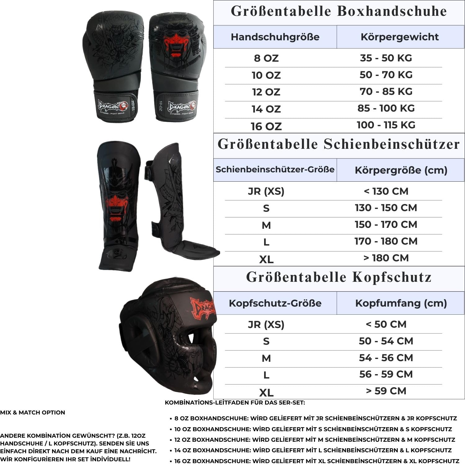 Dragon Do Yakuza Profi Boxset 5-teilig Boxhandschuhe 30128-P, Schienbeinschützer 40724-P Kopfschutz 11747-P 3,5m Bandagen, Zahnschutz Premium MMA, Muay Thai, Kickboxen Ausrüstung Set
