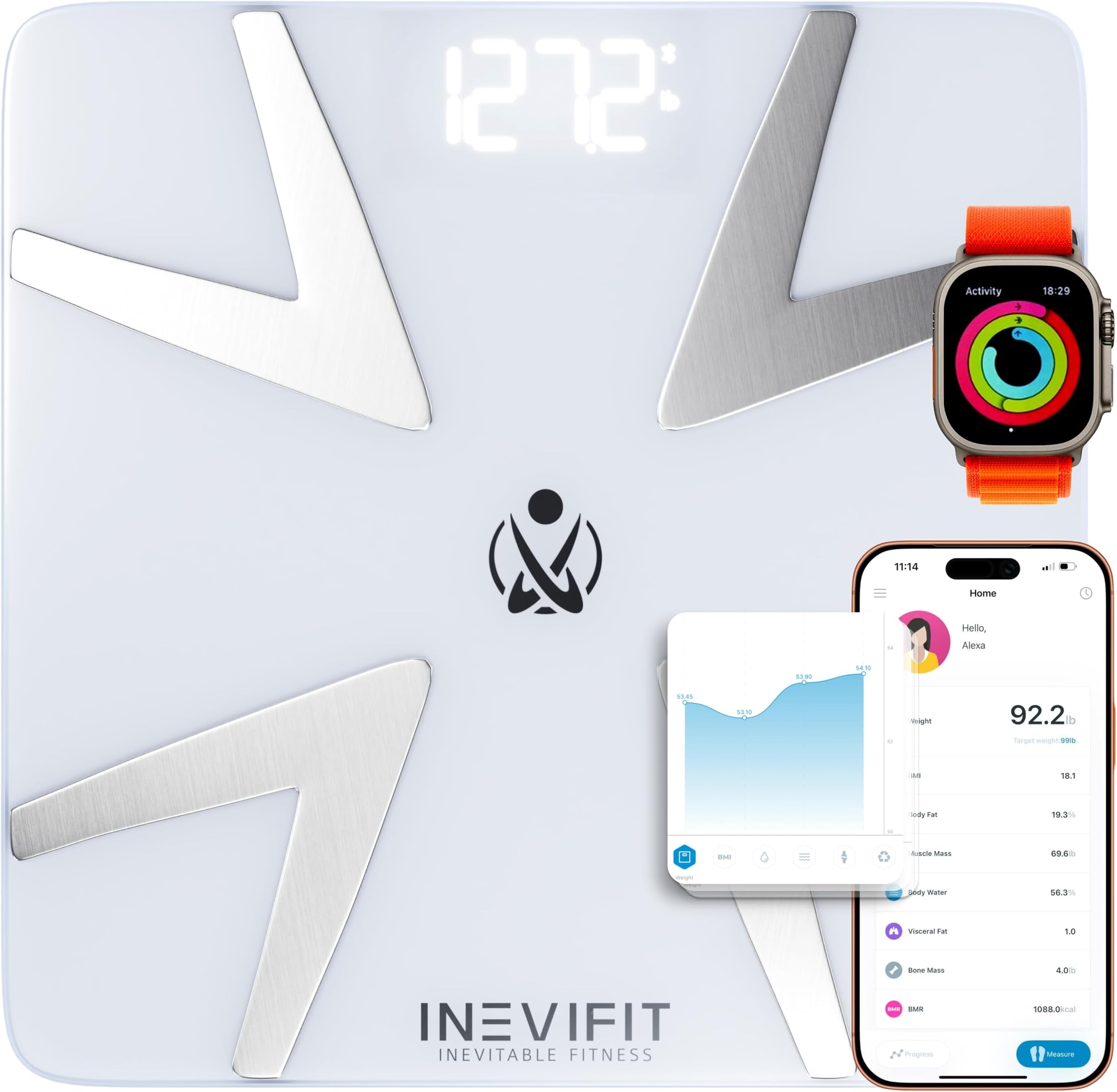 INEVIFIT SMART Body Fat Scale, Highly Accurate Bluetooth Digital Bathroom Body Composition Analyzer, Measures Weight, Body Fat, Water, Muscle, BMI, Visceral Fat & Bone Mass for Unlimited Users