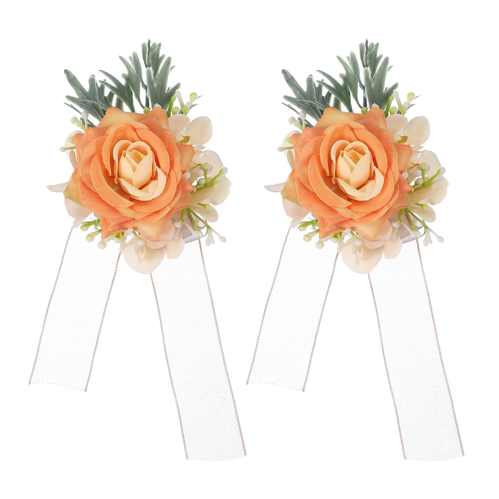 sourcing map 2 Pcs Light Orange Flower Wrist Corsage Bracelets, Artificial Flowers Corsage Wristlet for Wedding Bride Groom Ceremony Anniversary Prom Party