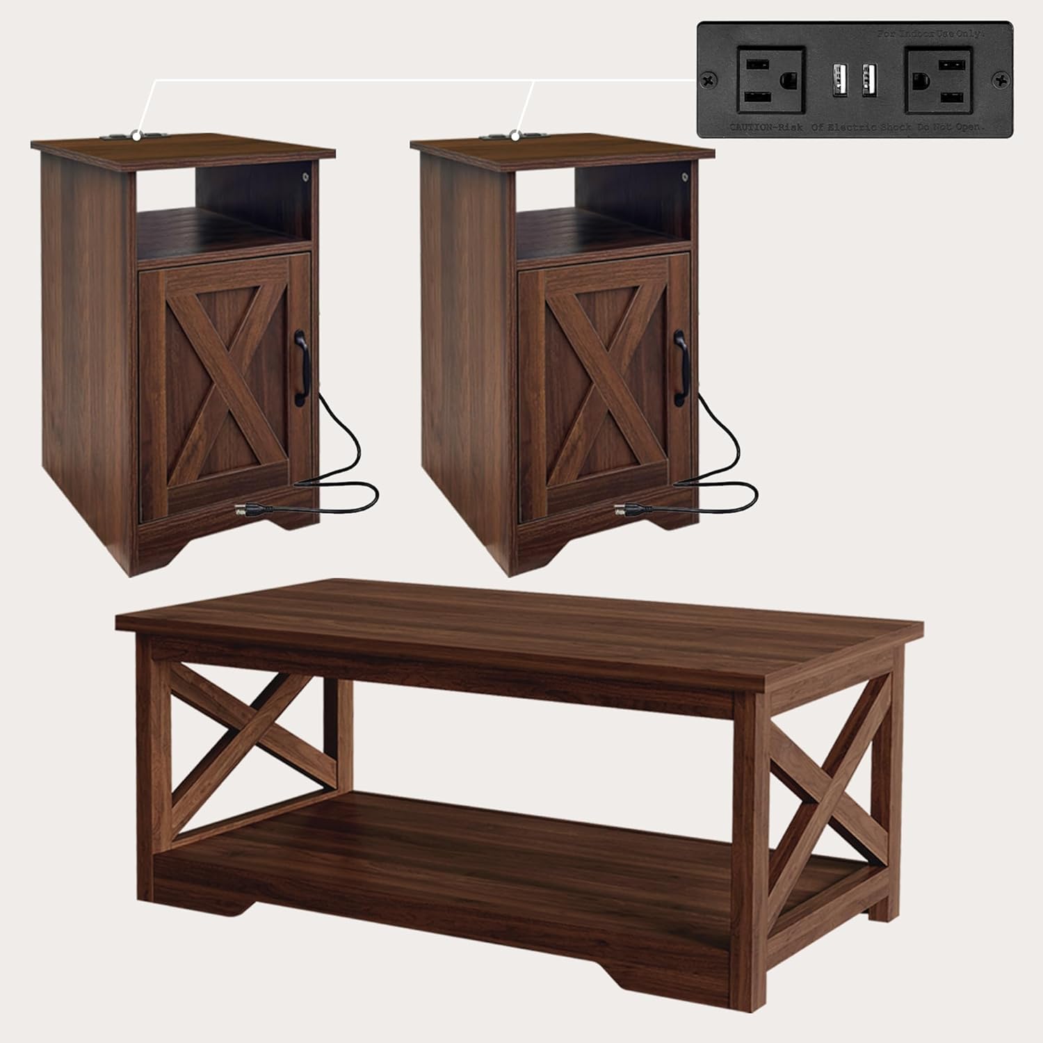 WERSMT Farmhosue 3 Pieces Living Room Table Set, Rustic Coffee Table and 2 End Table Sets with Charging Station & USB Ports, Coffee Table Set of 3, Walnut