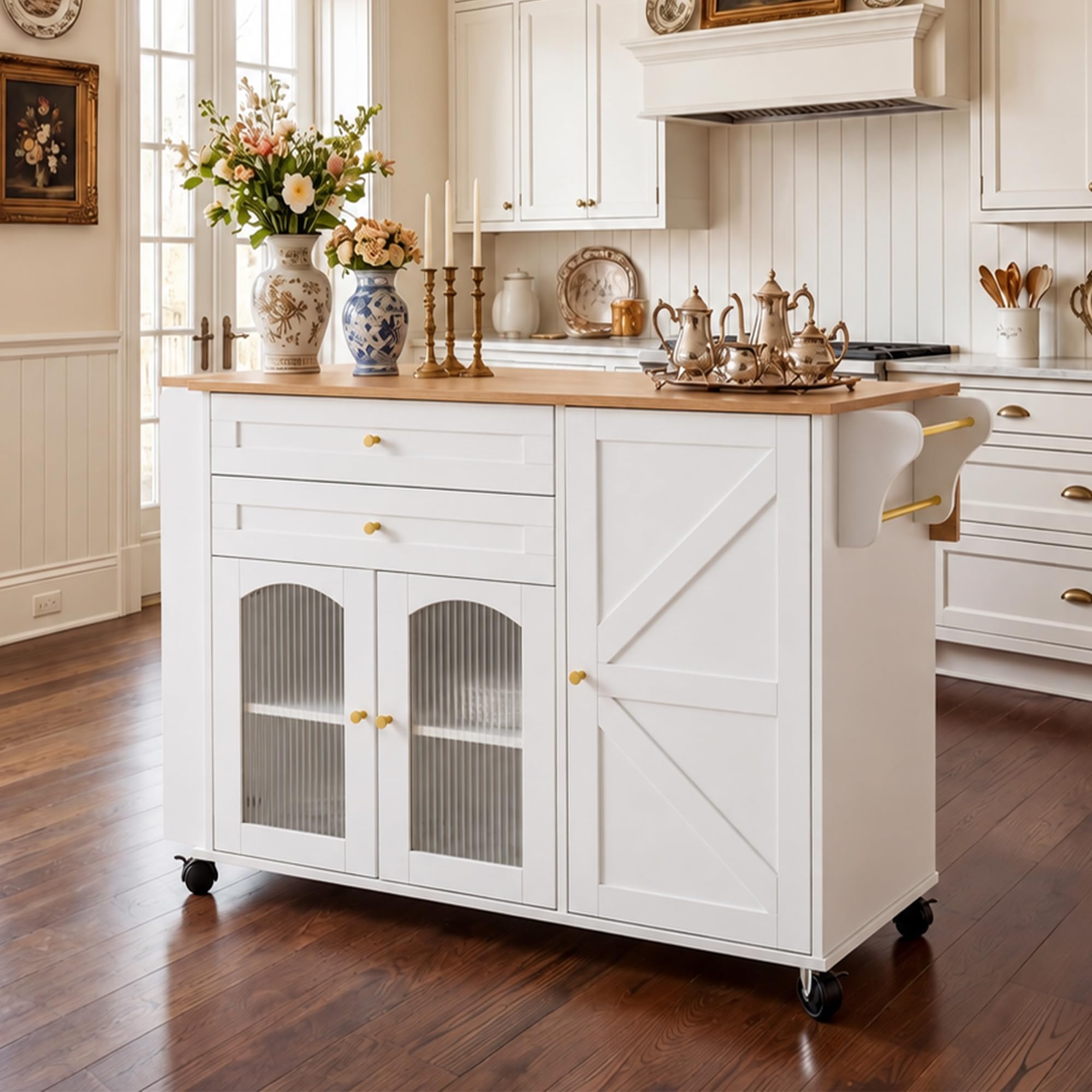 Isola da cucina mobile, bianco e naturale, 110 x 70 x 99 cm, con piano di lavoro pieghevole, carrello da cucina su ruote con 2 cassetti, porte in vetro, ripiano laterale e grande spazio