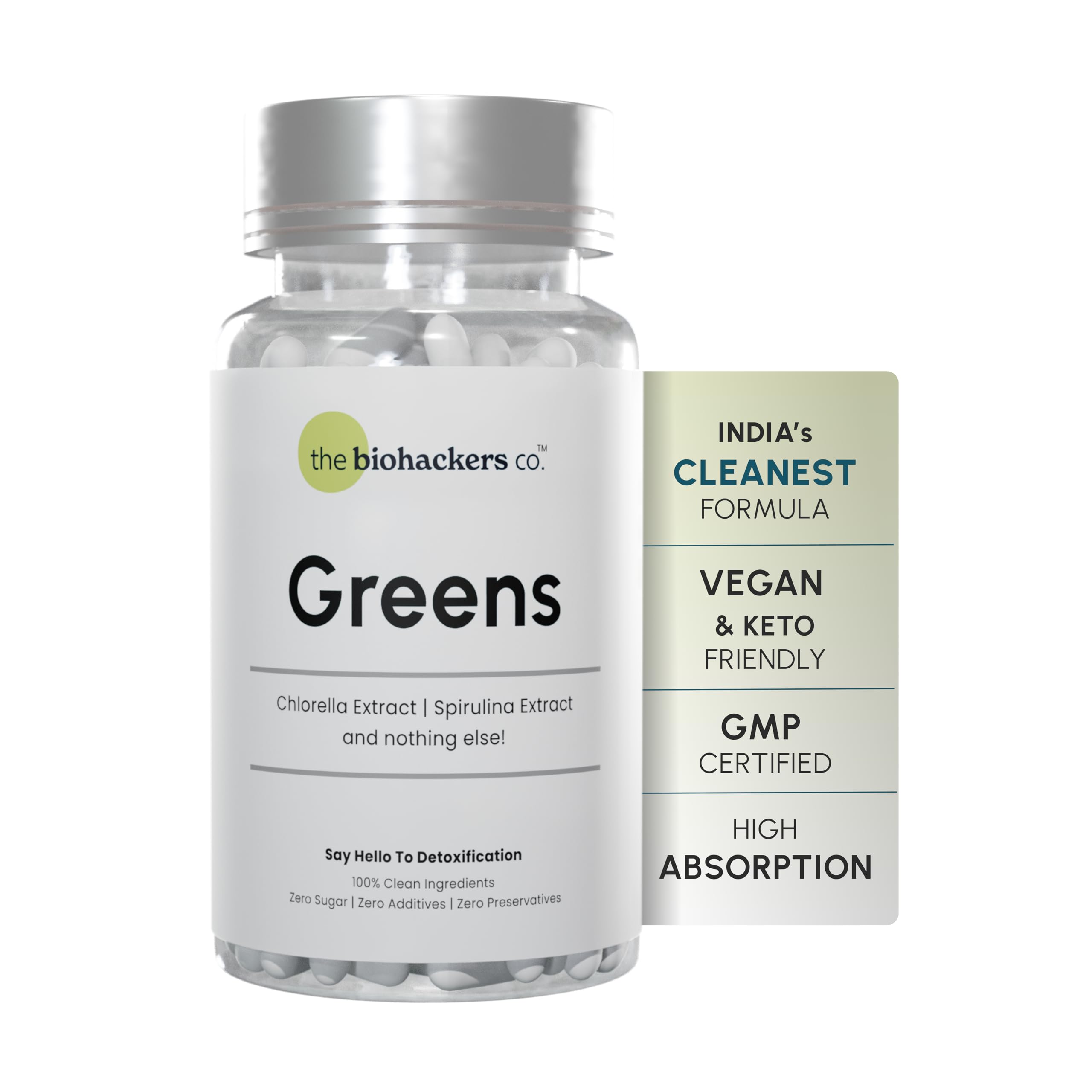 The Biohackers Co - Greens | 100% Clean Spirulina & Chlorella Superfood Supplement | Boost Immunity, Detox, and Enhance Energy | Spirulina Tablets | Pack of (1) | 30 Days Stack