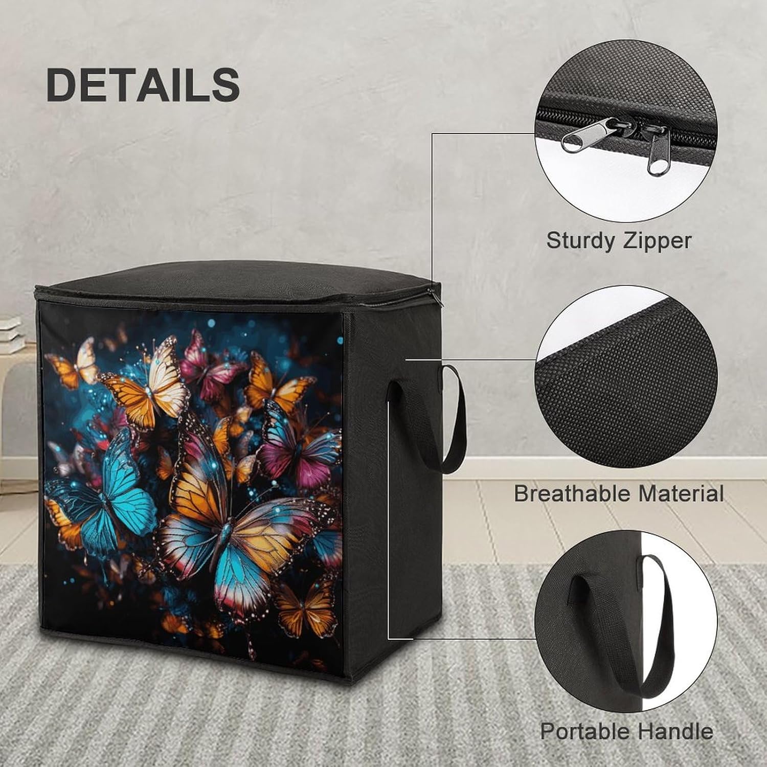 Portable Quilt Storage Bag,Colorful Butterflies Flying Around on Black Background Printed Foldable Wardrobe Storage Box Foldable Storage Bag with Lids And Handle Large Clothing Storage Bag for Comfort