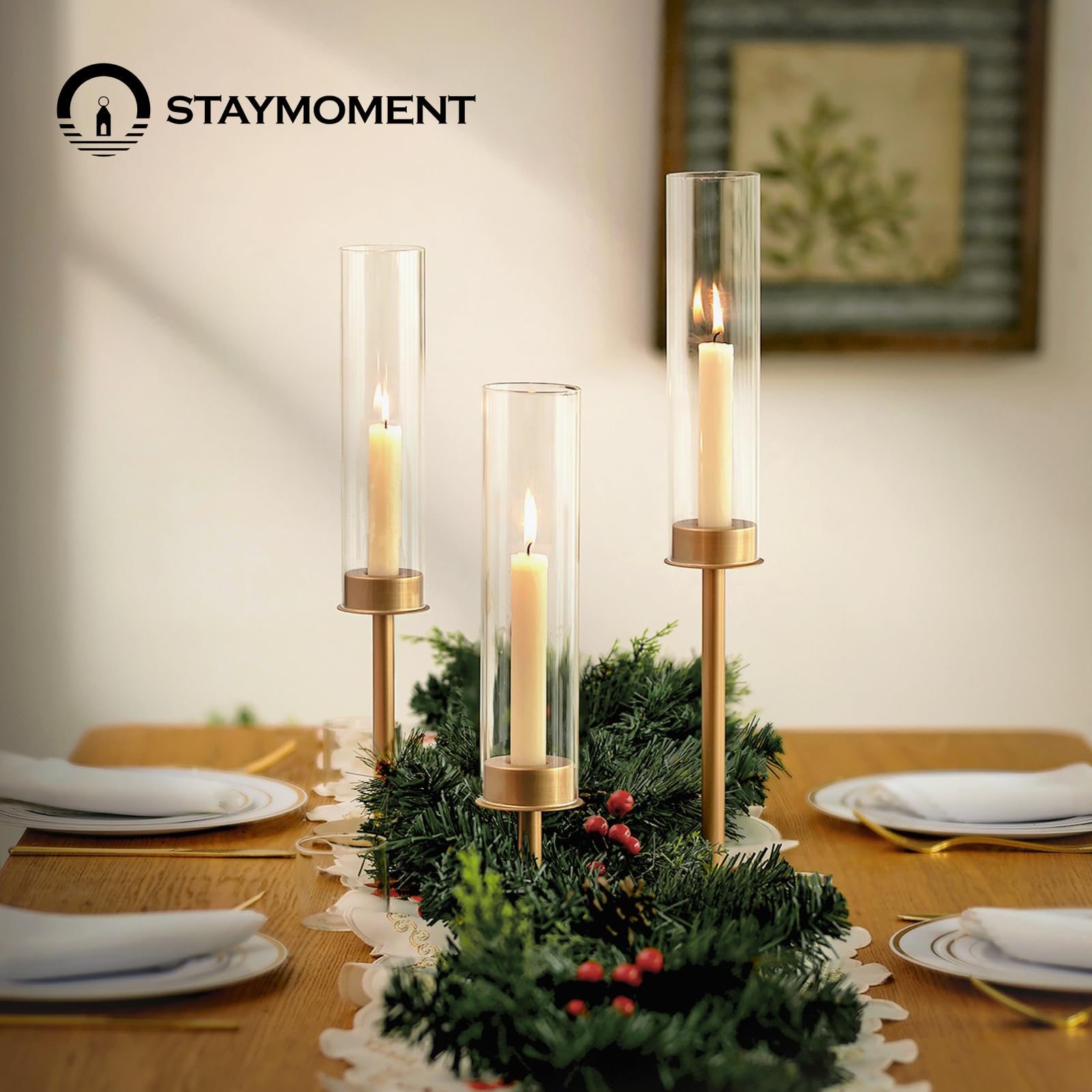 6er Set Stabkerzenhalter Gold, Kerzenständer Glas | für Stabkerzen, Deko Hochzeit, Windlicht, Kerzenhalter mit Glaszylinder, Tischdeko