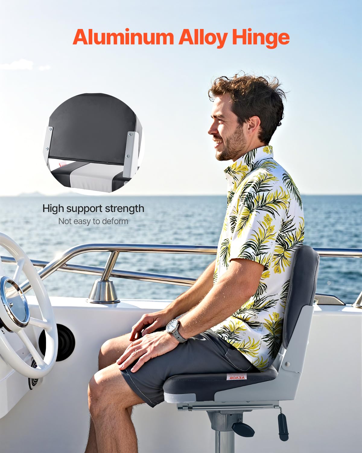 VEVOR Asiento de Barco con Respaldo Bajo Silla de Barco de Pesca Plegable con Cojín de Esponja Espesado y Cuero de PVC Impermeable Asiento de Bote Abatible para Barcos de Pesca, Yates, Negro y Gris