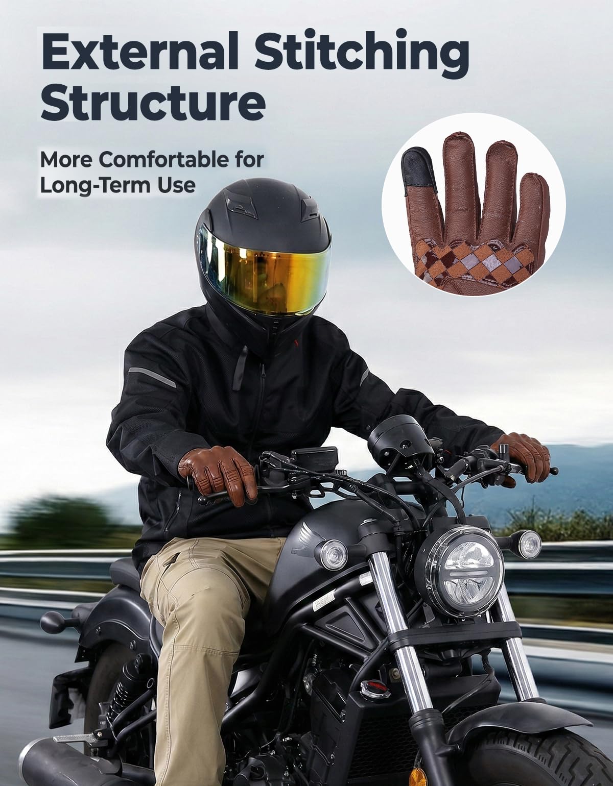 KEMIMOTO Gants de Moto Homme, Gants Moto en Cuir de Chèvre Coussinets avec Protection des Articulations pour Motocross, Scooter, Cyclomoteur, Mobylette, Quad, ATV