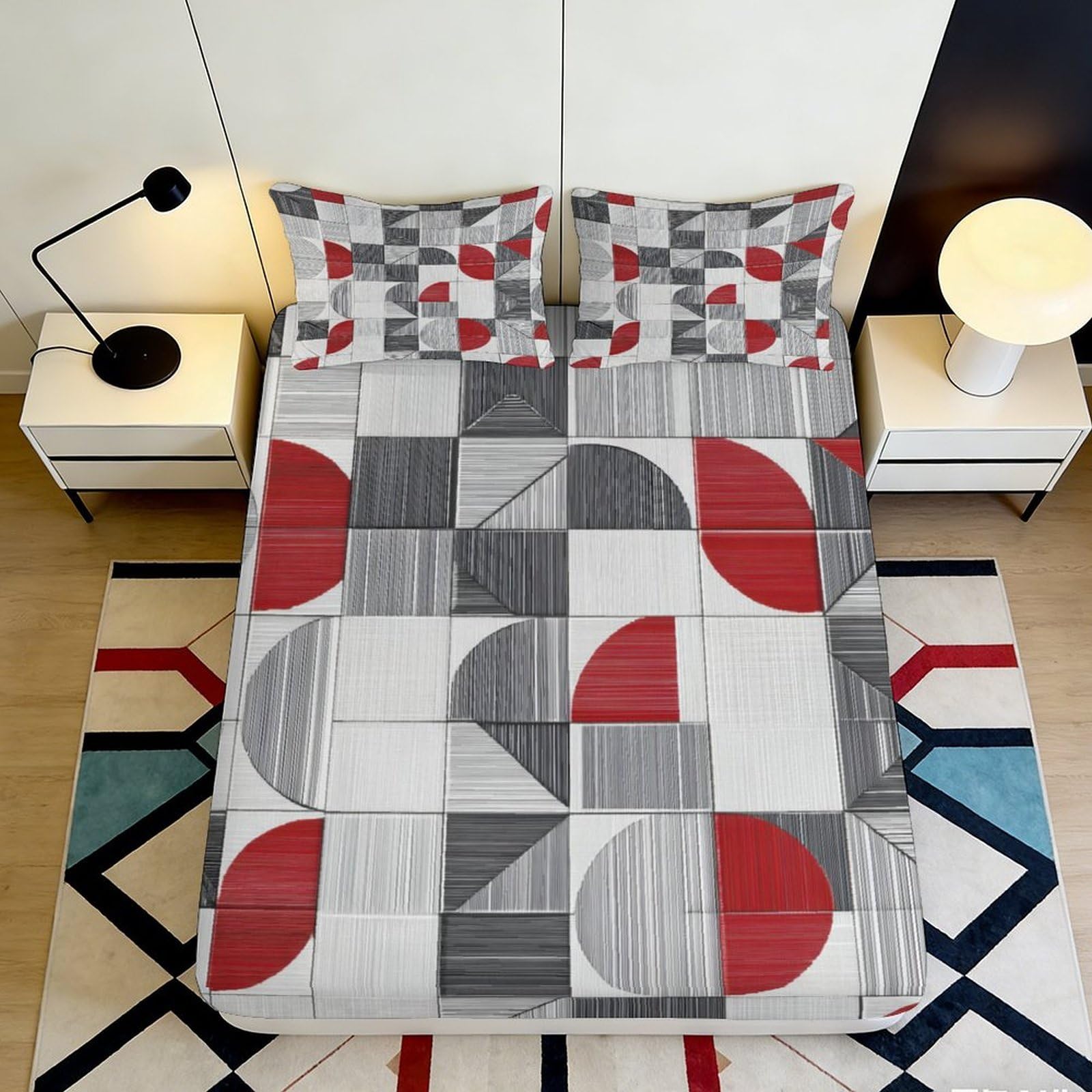 3D Printed Geometric Abstract Fitted Sheet Microfiber Soft Breathable Modern Block Mattress Cover for Bedroom Guest Room Decor 90x200x25cm