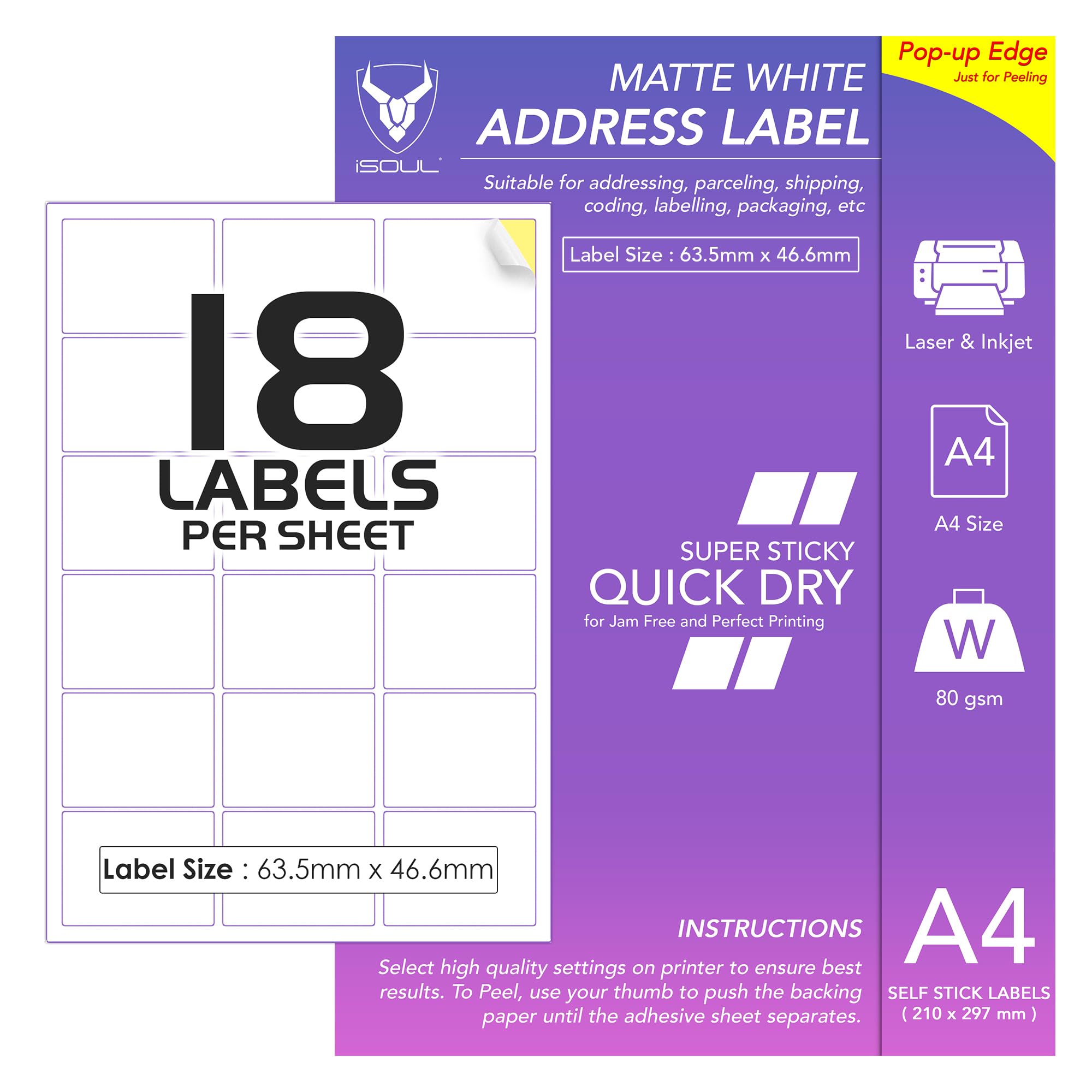 18 Labels Per A4 Sheet, 50 Sheets 900 Sticky Label, Printable Sticker Paper, iSOUL Matte Self Adhesive Adress Mailing, Shipping, Postage, Laser & Inkjet Printer Compatible [Quickdry]