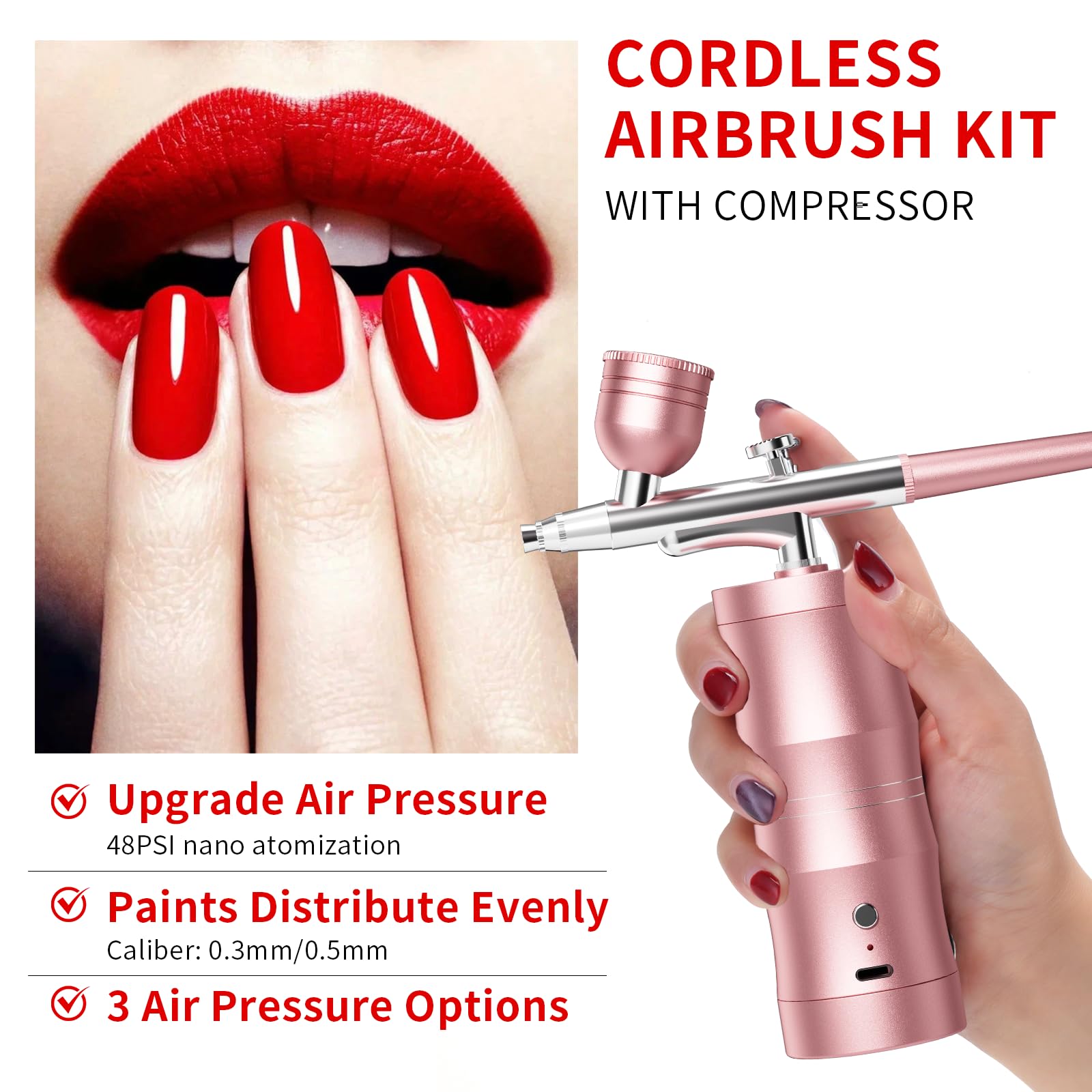Airbrush-Set mit Kompressor, tragbares Airbrush-Set, 48 PSI, Hochdruck-Luftbürsten-Set, kabellos, wiederaufladbar, mit 0,3 mm Düse und Reinigungsbürste für Malerei, Nagelkunst, Make-up (Rosa)