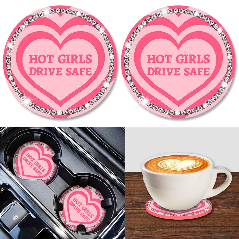 Gctriki Car Coaster 2 Pcs Cup Holder Coaster with Bling Crystal Rhinestones, Cute Automotive Car Holders Insert Coasters Car Interior Accessories, Hot Girls Car Accessories Car Coasters for Women
