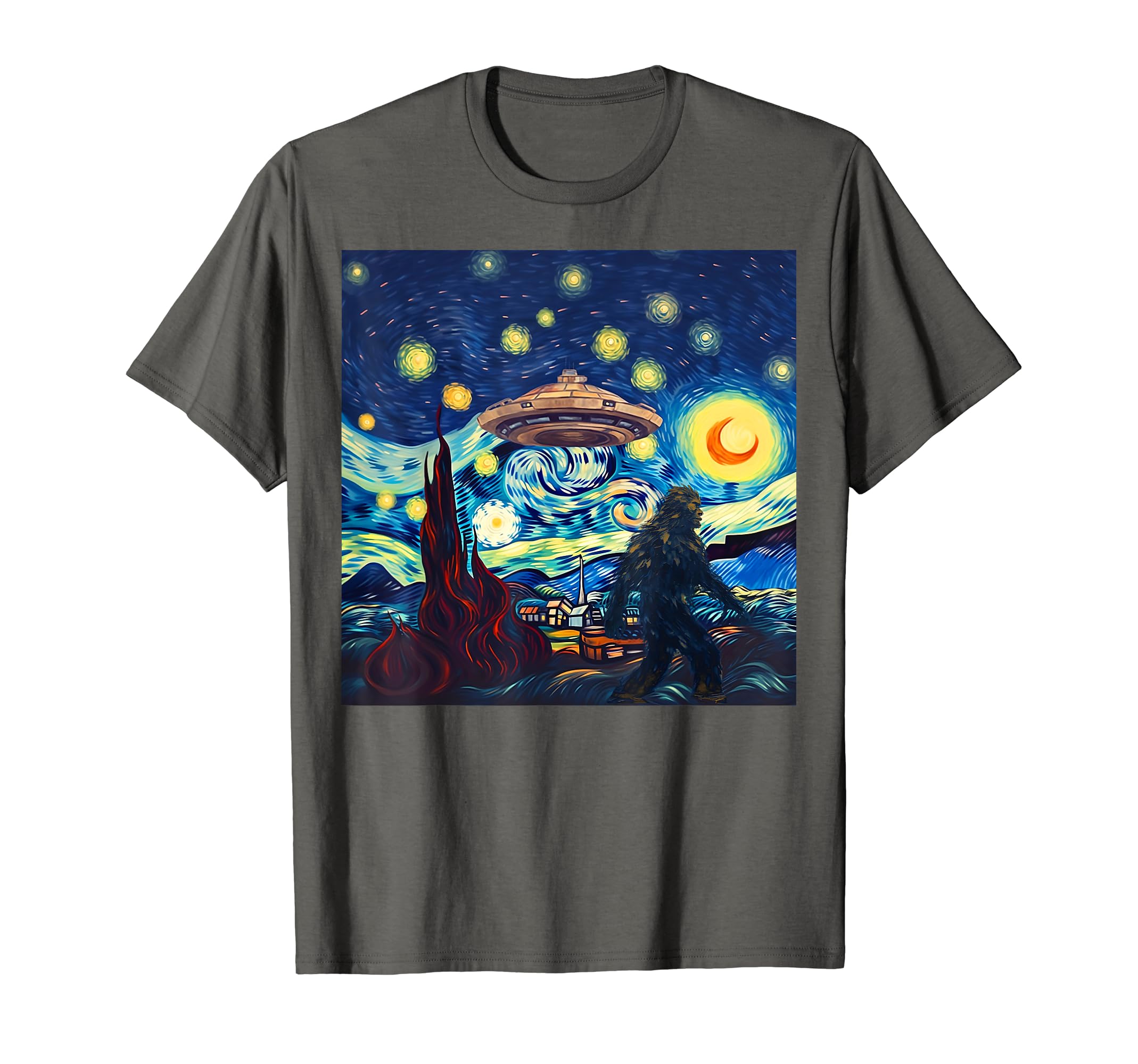 Sasquatch Research Ufology CrewFunny UFO Abduction Alien Bigfoot Moon Starry Night Sky Art T-Shirt