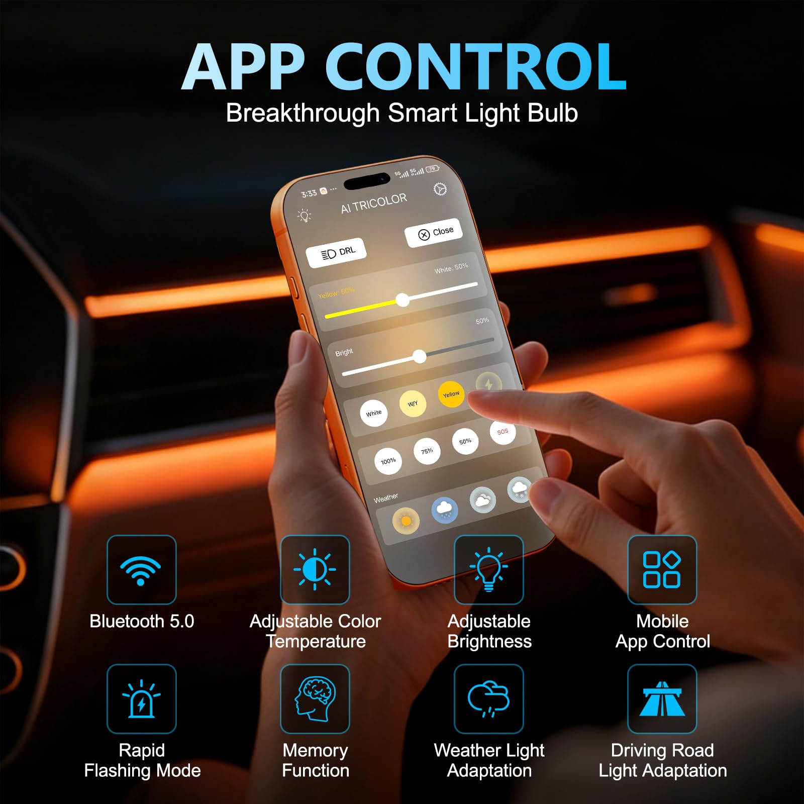 Sycreek Smart H7 LED, 0-50000LM 1000% Más Brillante, Soporta Atenuación y Temperatura por APP, 3000K Amarillo a 6500K Blanco Frío para Faro Antiniebla Bluetooth H7, Plug and Play
