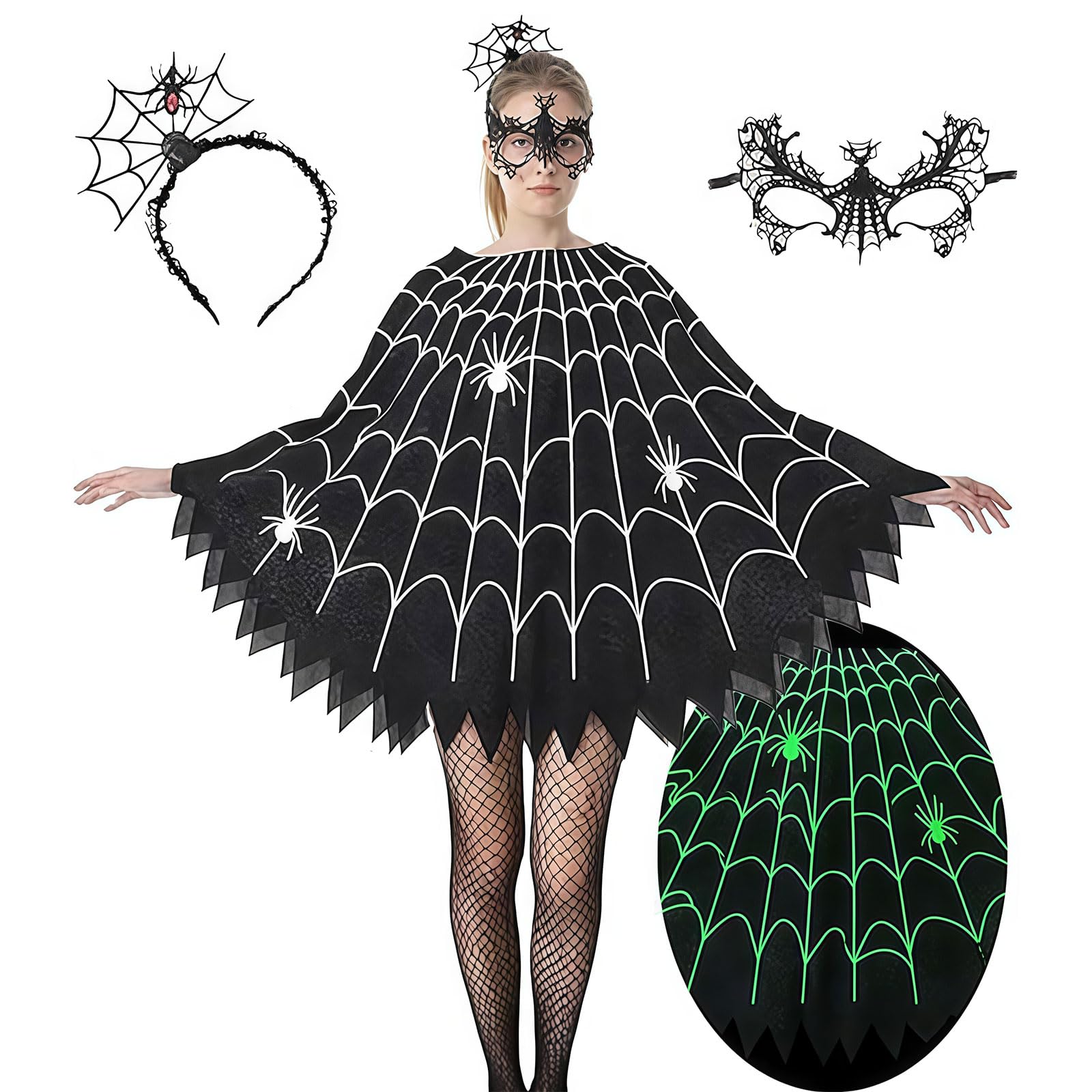 Glamoreal Spiderweb Poncho Halloween Costume Set for Women, Glow