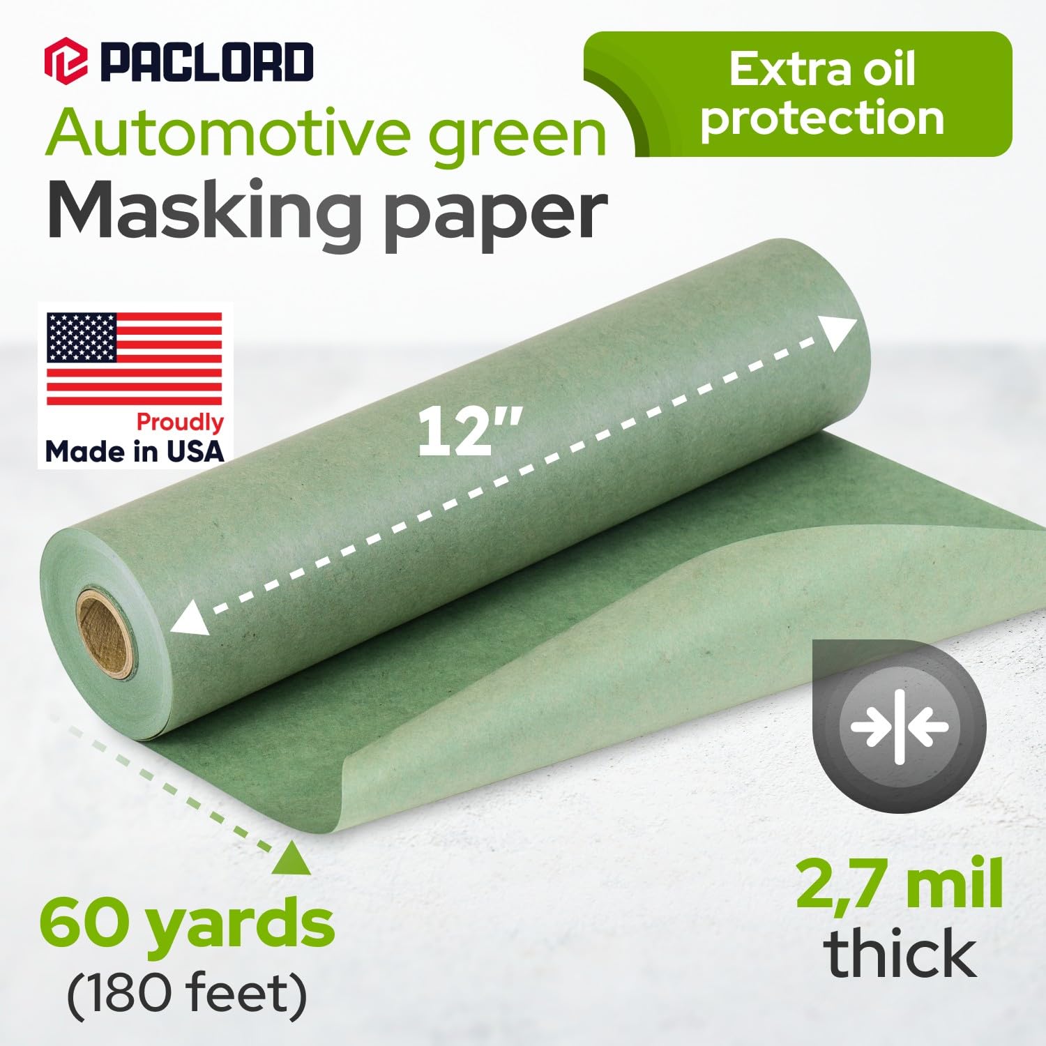12" x 60 Yards (180 feet) Green Masking Paper with Extra Oil Protection for Automotive Painting Industries - Made in USA Masking Paper for Painting Cars, Protection from Splatter
