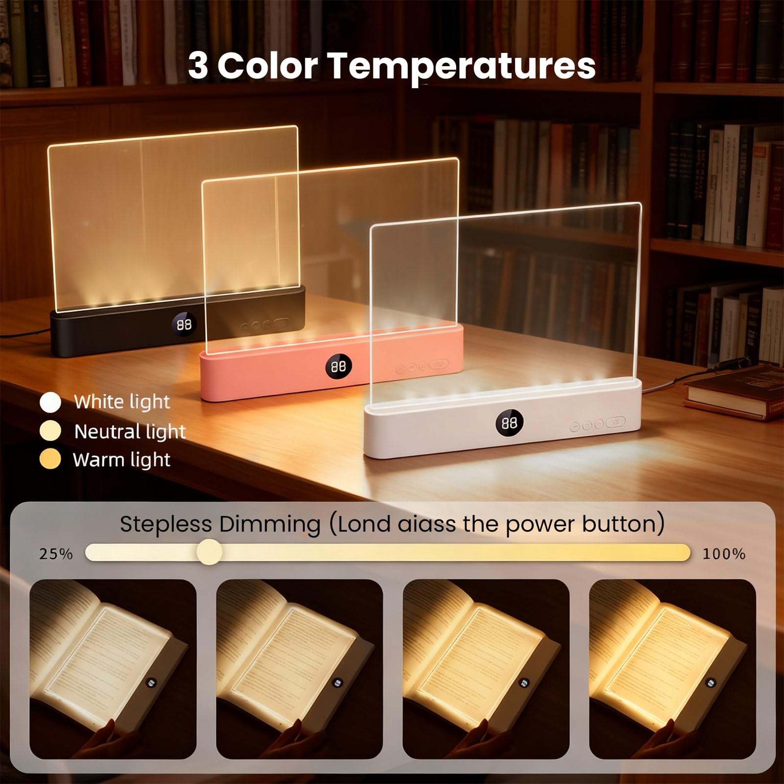 Intelligente LED Leselampe, 3 Farbtemperaturen & 99-Minuten Timer - 1200mAh Akku & 35h Laufzeit - Augenfreundliche Tischlampe für Bücher - USB-C Ladebooklampe für Schüler & Studenten (weiß)