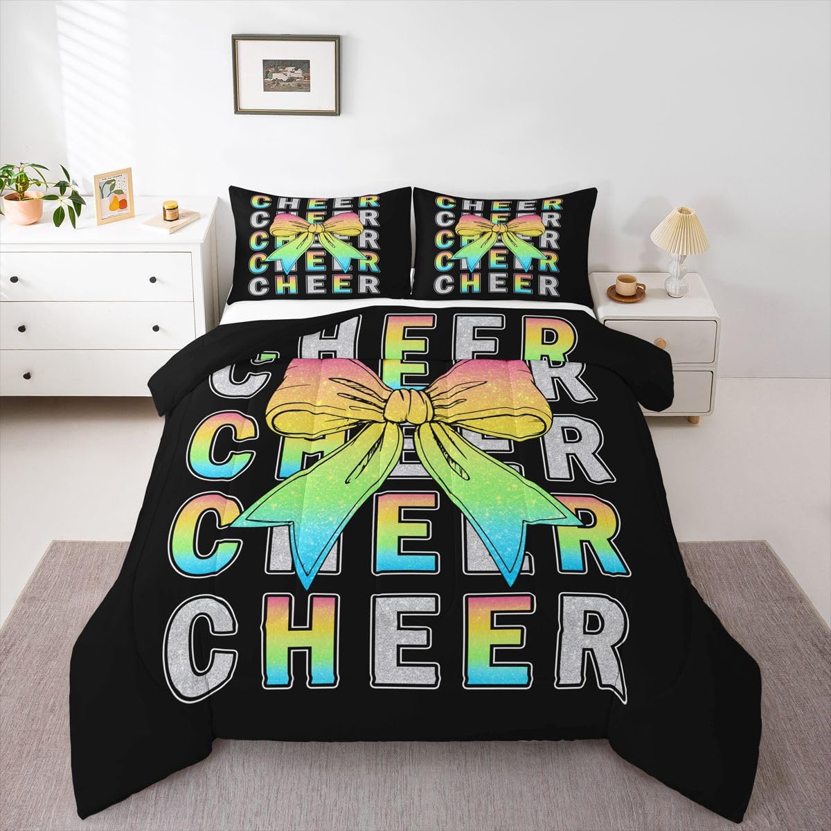 Feelyou Colorful Cheer Bow Kids Comforter Set King Size Glitter Cheerleader Bedding Set Cheerleading Duvet Quilt for Kids Boys Girls Bedroom Sport Decor Microfiber Ultra Soft Breathable