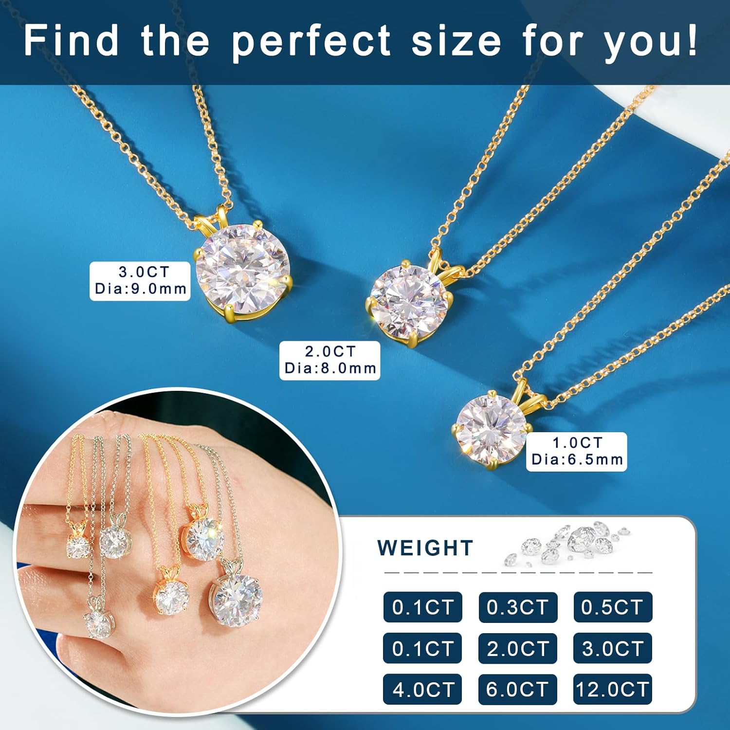 TUHE Moissanite Necklace 0.1-12 Carats 18K Gold Vermeil 925 Sterling Silver Necklace 3-15MM Solitaire D Color VVS1 Round Lab Created Moissanite Pendant Dainty Gold Necklaces for Women Valentines Gifts - Image 5