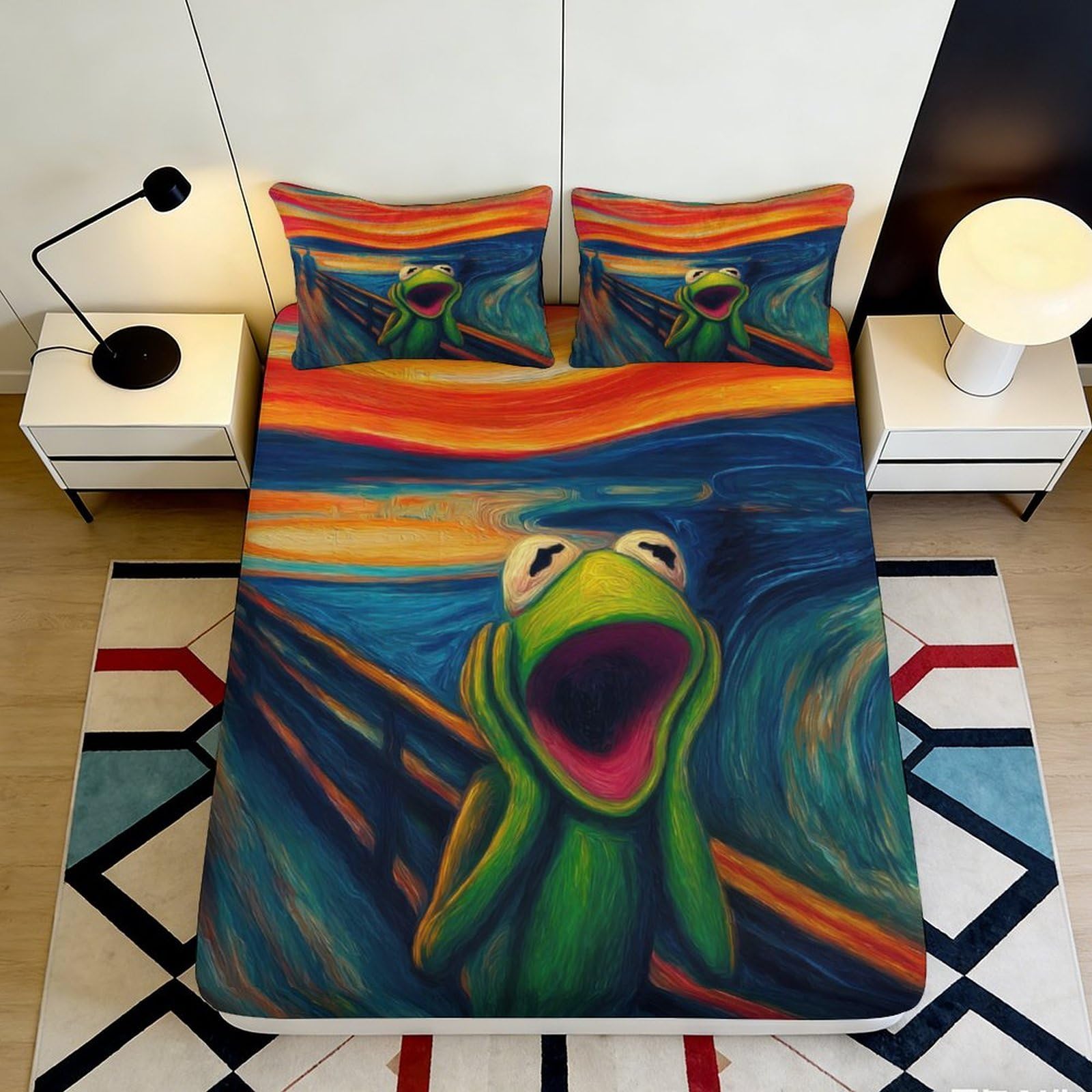 3D Printed Scream Frog Fitted Sheet Microfiber Artistic Bedroom Decor Vibrant Bed Cover for Adults Teens Dorm Mattress Protection 90x200x25cm