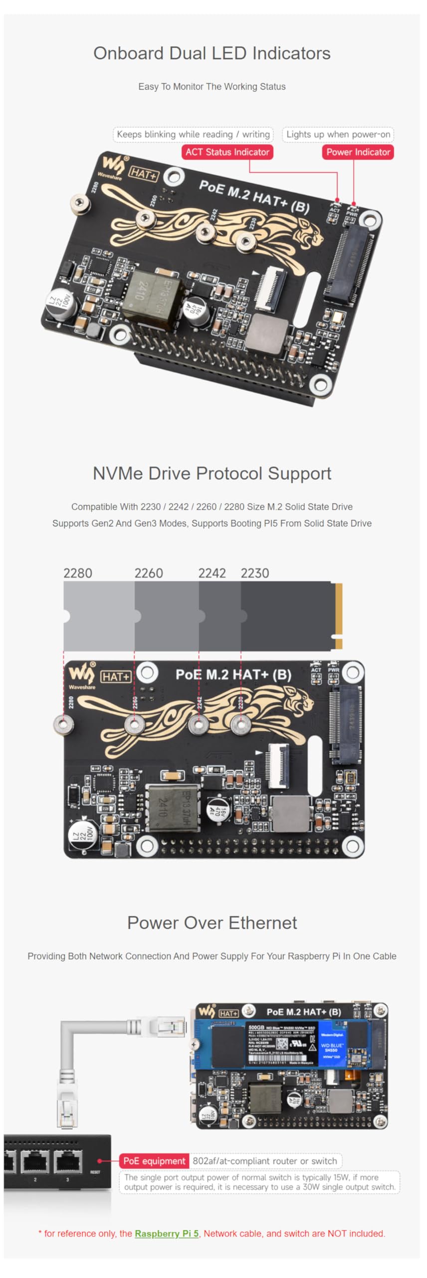 Waveshare PCIe naar M.2-adapter met PoE-functie (B) voor Raspberry Pi 5