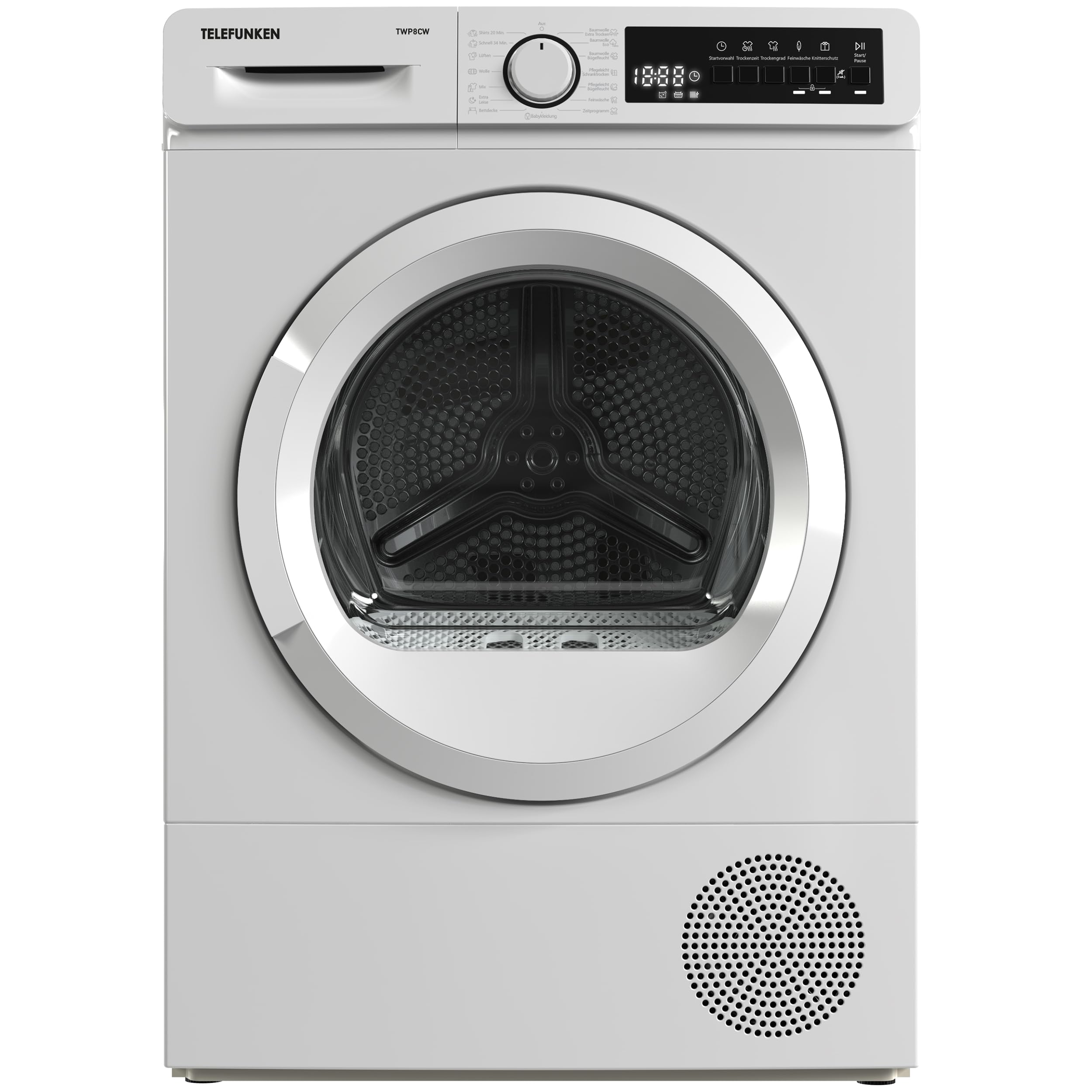 Telefunken Wärmepumpentrockner für 8 kg Wäsche, Trockner Frontlader, Wäschetrockner mit Knitterschutz und Startzeitvorwahl, Energiesparend, leise 64 dB, 15 Programme, Schontrommel, TWP8CW