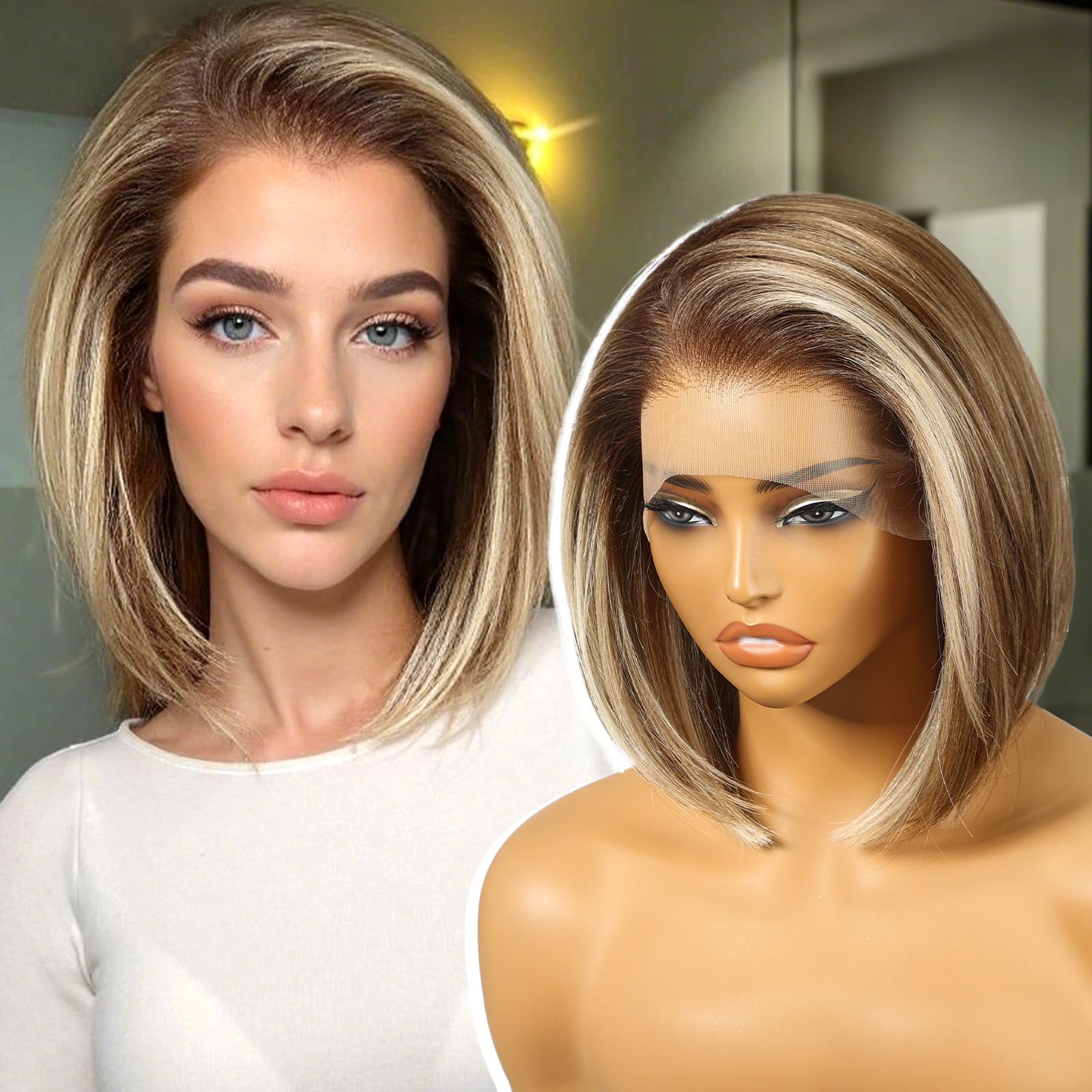KOME Ash Blonde Highlight 13x6 Bob Synthetic Lace Front Wig for Women 12IN 13×6 Lace Ash Blonde Highlight