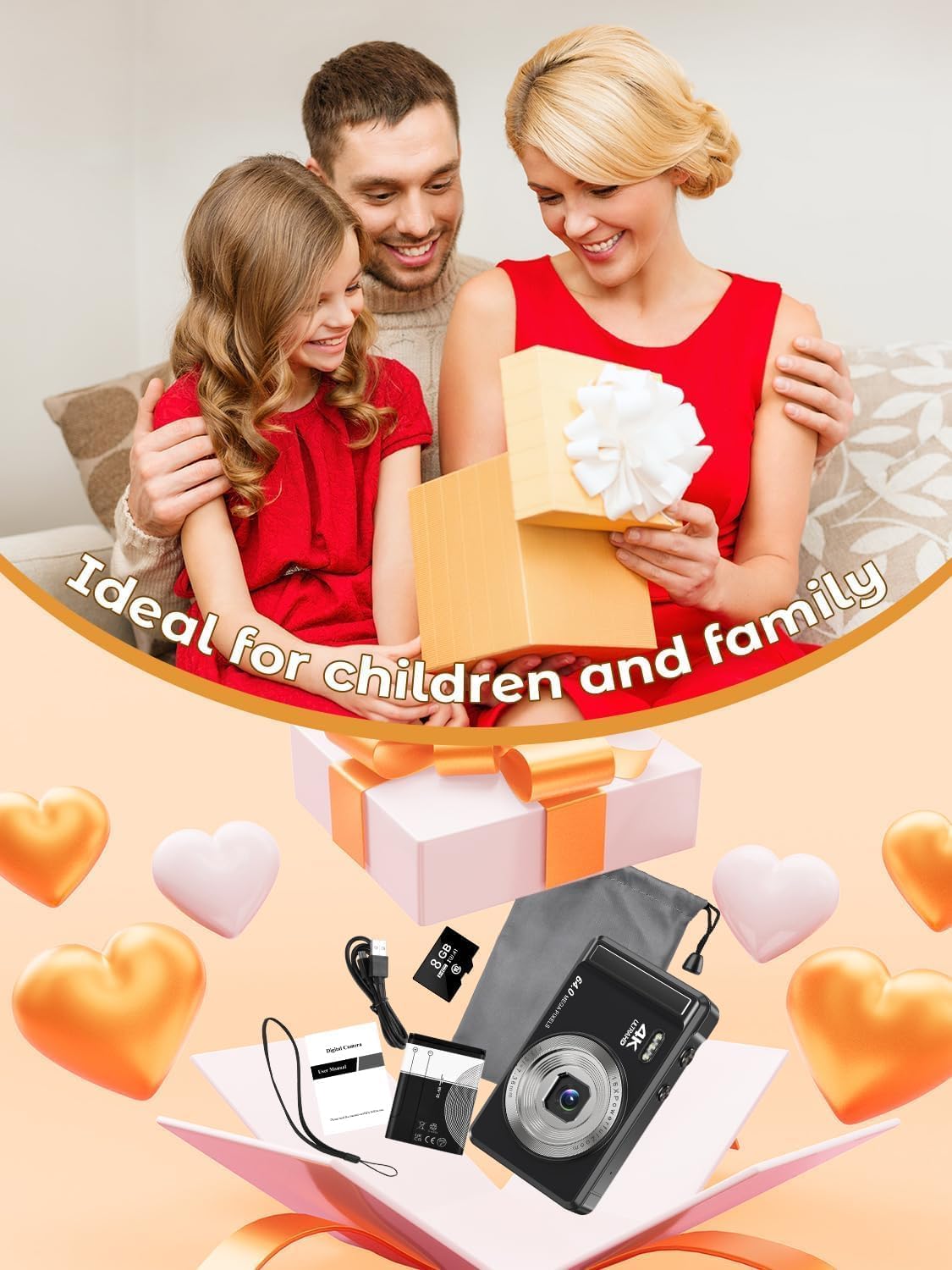 Fotocamera digitale 4K 64 MP, 2,8 pollici, UHD con messa a fuoco automatica | Scheda Micro SD e batteria, zoom digitale 16X, ricaricabile, fotocamere compatte portatili, per principianti e adolescenti