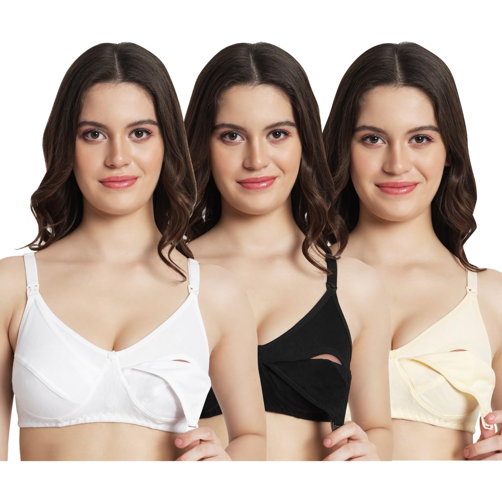 Pack of 3 Premium 100% Cotton Nursing Bra for Women - Non-Padded Wireless Maternity Feeding Bralette with Easy Front Drop-Down Clips for Breastfeeding Mothers, Multicolor-image-16