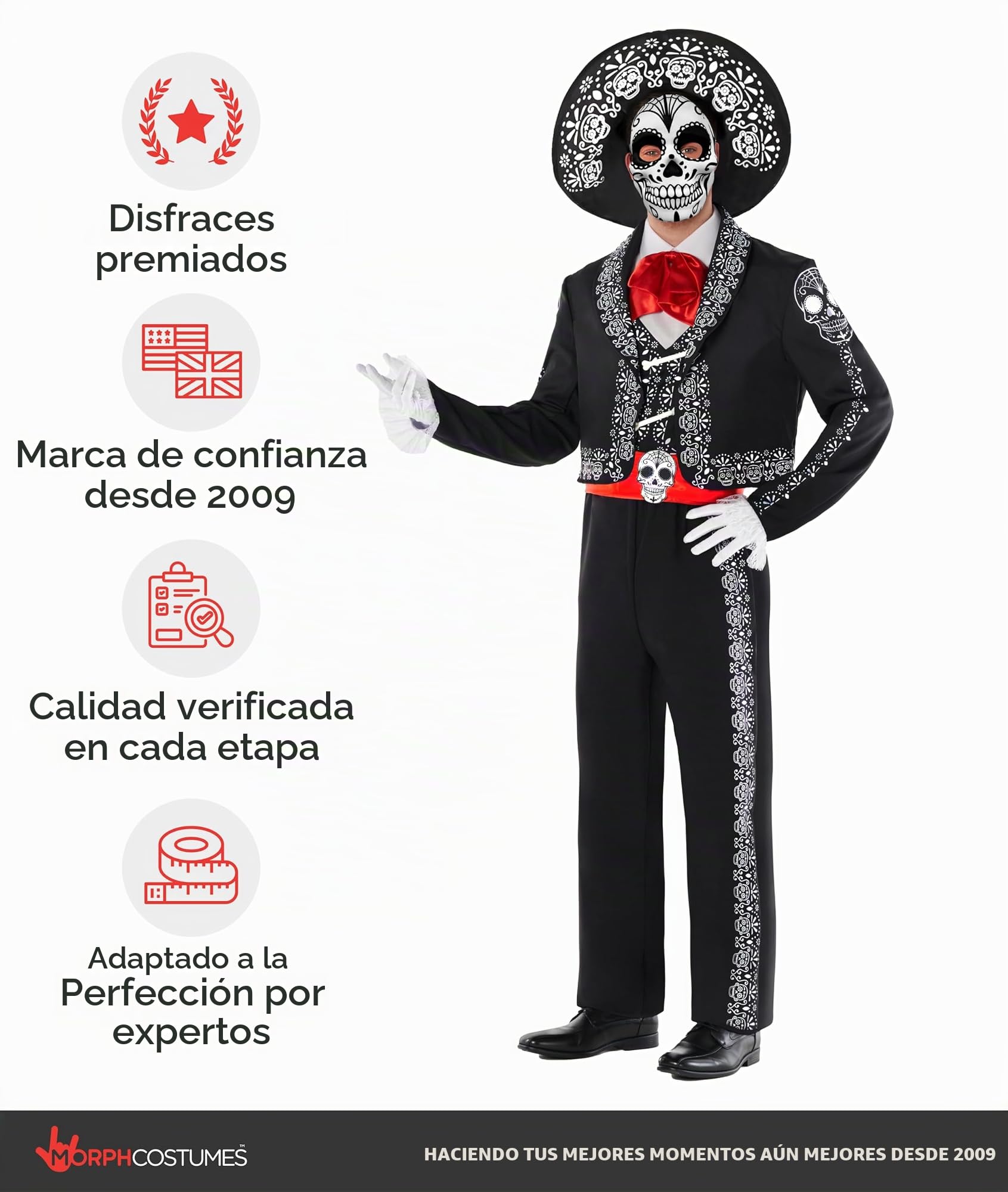 Morph Disfraz Catrina Mariachi Hombre Día Muertos Esqueleto Chaqueta Chaleco Pantalón Sombrero Máscara Calavera