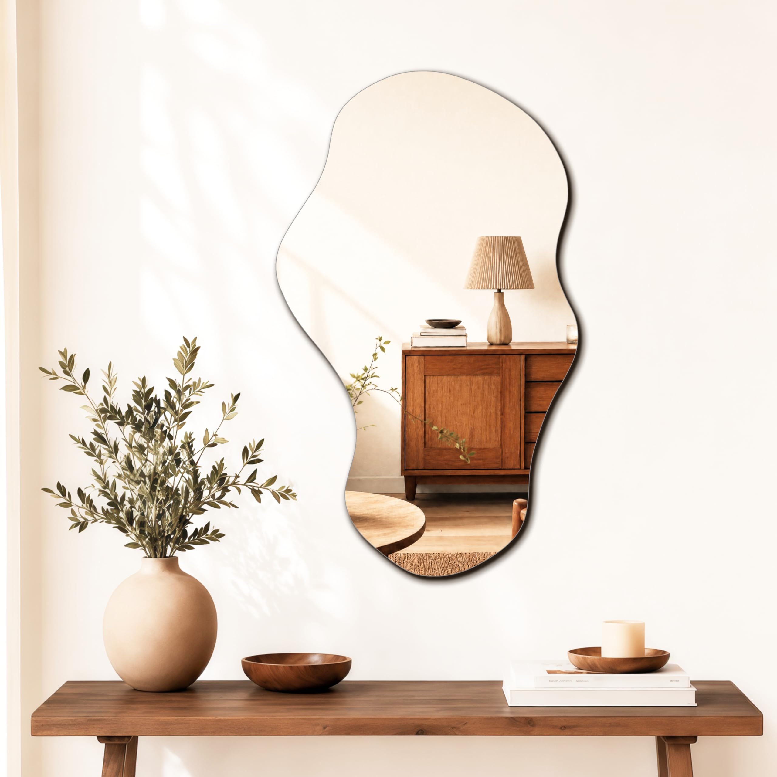 Perfnique Espejo de pared irregular asimétrico, 71 x 43 cm, espejo decorativo moderno para baño, dormitorio, sala de estar, entrada, espejo sin marco de nube, montado en la pared (71 x 43 cm, nube)