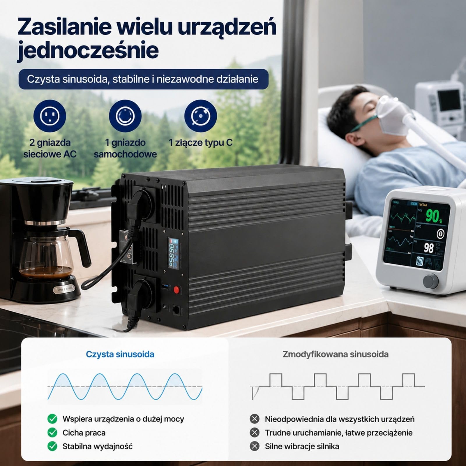 Falownik czystej fali sinusoidalnej 3500 W, 12 V DC do 230 V AC, ekran LCD, obudowa ze stopu aluminium, 2 gniazda do auta kampera domu