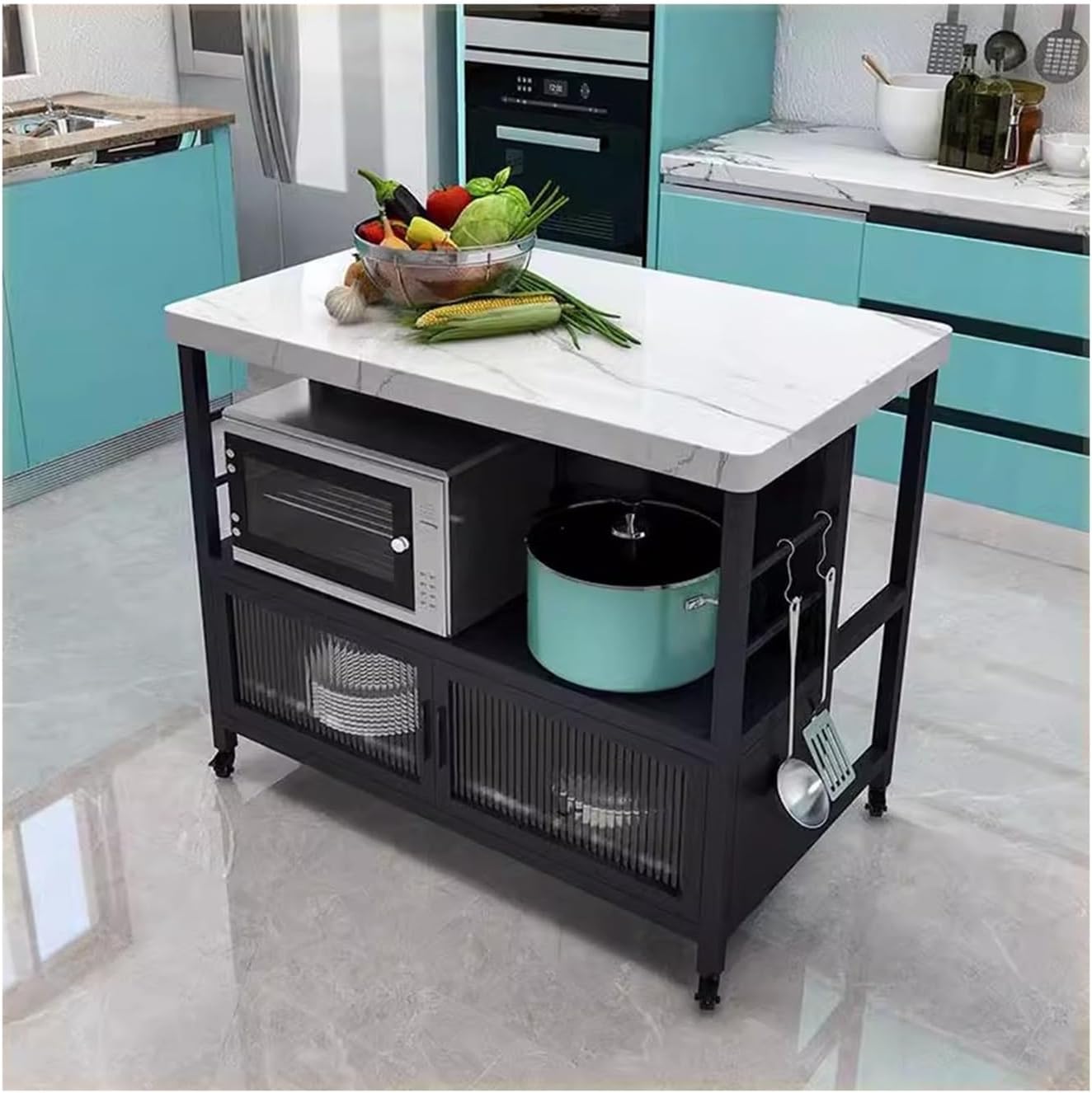 Storage Trolley Kitchen Island Storage Rack Vegetable Cutting Table Dining Side Cabinet Bowl and Plate Movable Shelving Organizer