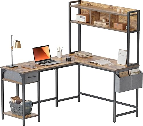 BANTI Escritorio en forma de L con gabinete, escritorio de esquina de 58 pulgadas con cajón, mesa de juegos para oficina en casa, estación de