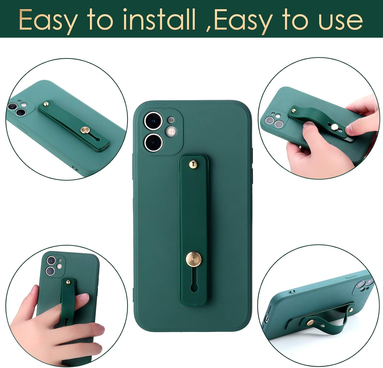 A collage of images demonstrating how to install and use the phone grip. It shows the grip attached to a phone case, a hand sliding fingers into the loop, and the grip functioning as a kickstand.