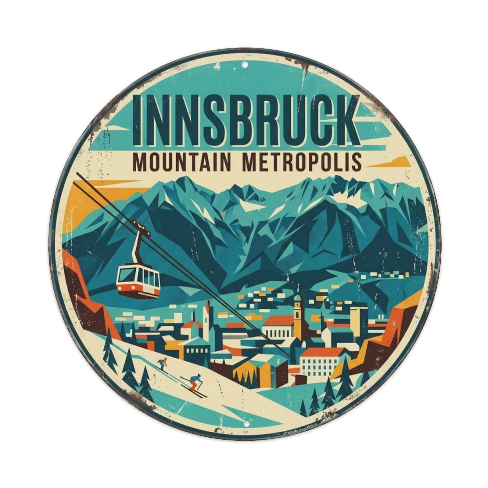 Vintage Travel Nordkette Innsbruck Austria Metal Tin Sign Plaque Wall Decor for Cafe, Club Bar, Office, Home Garden Round Metal Poster 8x8Inch
