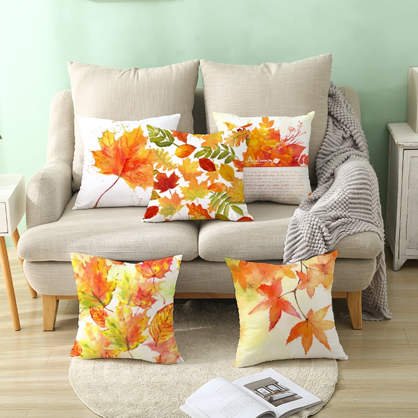 AmDxD Juego de 4 fundas de cojín navideñas de 50 x 50 cm, con estampado de hojas otoñales, en poliéster, para casa, salón, dormitorio, oficina, decoración de sofá, naranja, verde y marrón