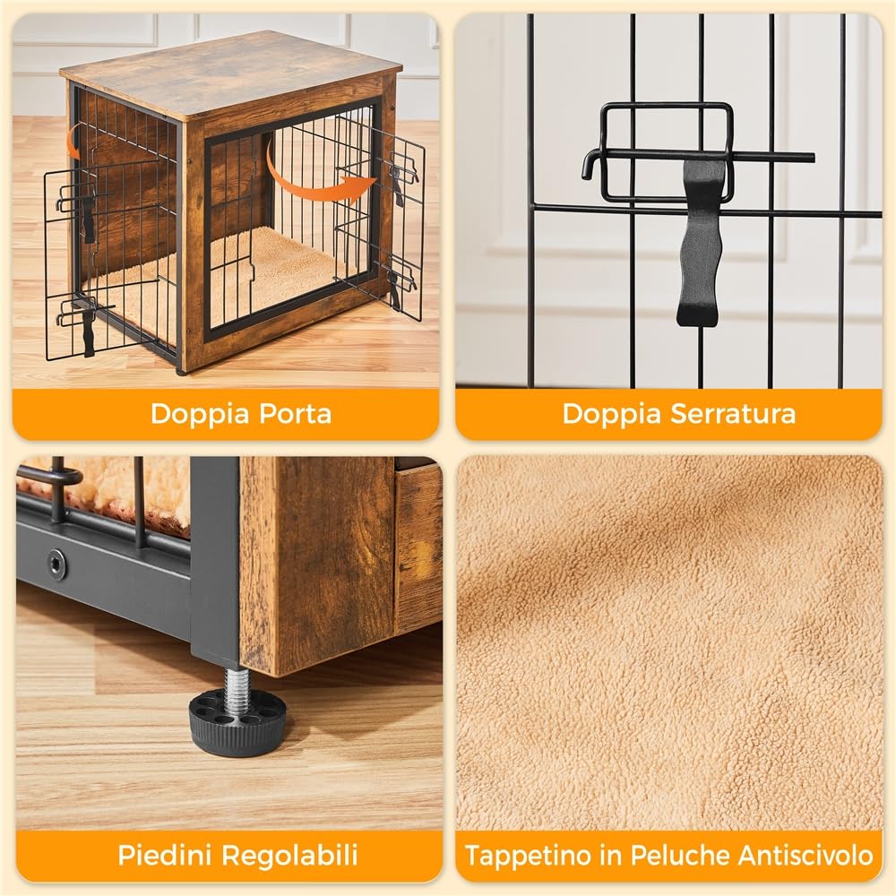 Yaheetech Gabbia per Cani Kennel Tavolino Armadietto con Doppie Porte Gatti a Rete in Legno da Interno 80,5 × 55,5 × 64 cm Marrone Rustico