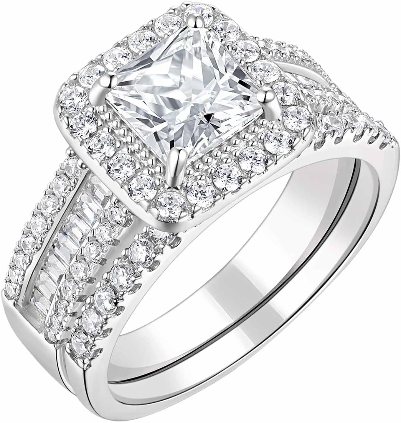Womens Princess Cut Bridal Ring Sets 925 Sterling Silver CZ Halo Wedding Rings Set for Her Engagement Promise Rings Band Cubic Zirconia for Women Size 5-10
