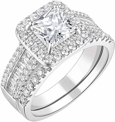 Womens Princess Cut Bridal Ring Sets 925 Sterling Silver CZ Halo Wedding Rings Set for Her Engagement Promise Rings Band Cubic Zirconia for Women Size 5-10