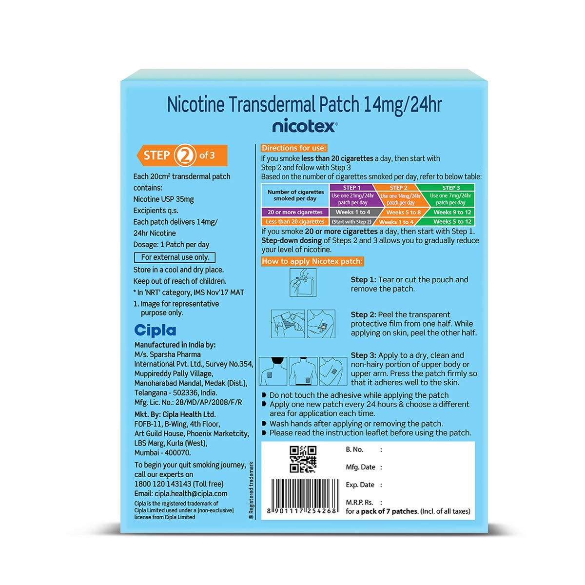 Cipla Nicotex Nicotine Transdermal Patch | Helps to Quit Smoking | WHO - Approved Therapy | 7 Patches (Step 2-14mg) - Image 2 thumbnail