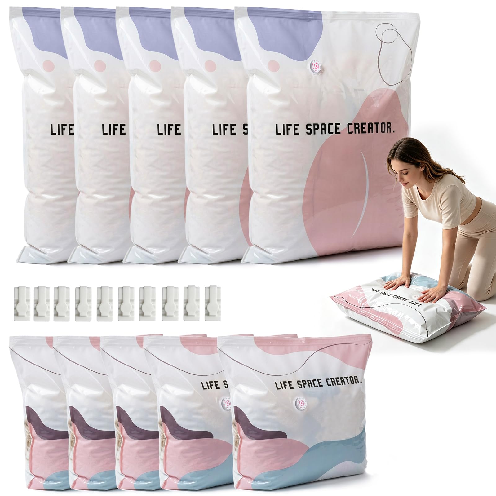 Pack of 10 Vacuum Bags Without Pump (5 x 80 x 100 cm, 5 x 50 x 70 cm), Extra Thick Vacuum Storage Bags for Duvets & Clothes, Space-Saving Compression Bags for Travel, Suitcase, Wardrobe