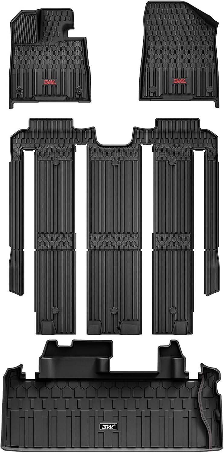 3W Floor Mats & Cargo Liner Fit Toyota Sienna 7 Seat 2021-2024 2025 (Except for 2025 Platinum Edition), TPE All Weather Custom Fit Floor Liner for Sienna Full mats, Black with Red Accent