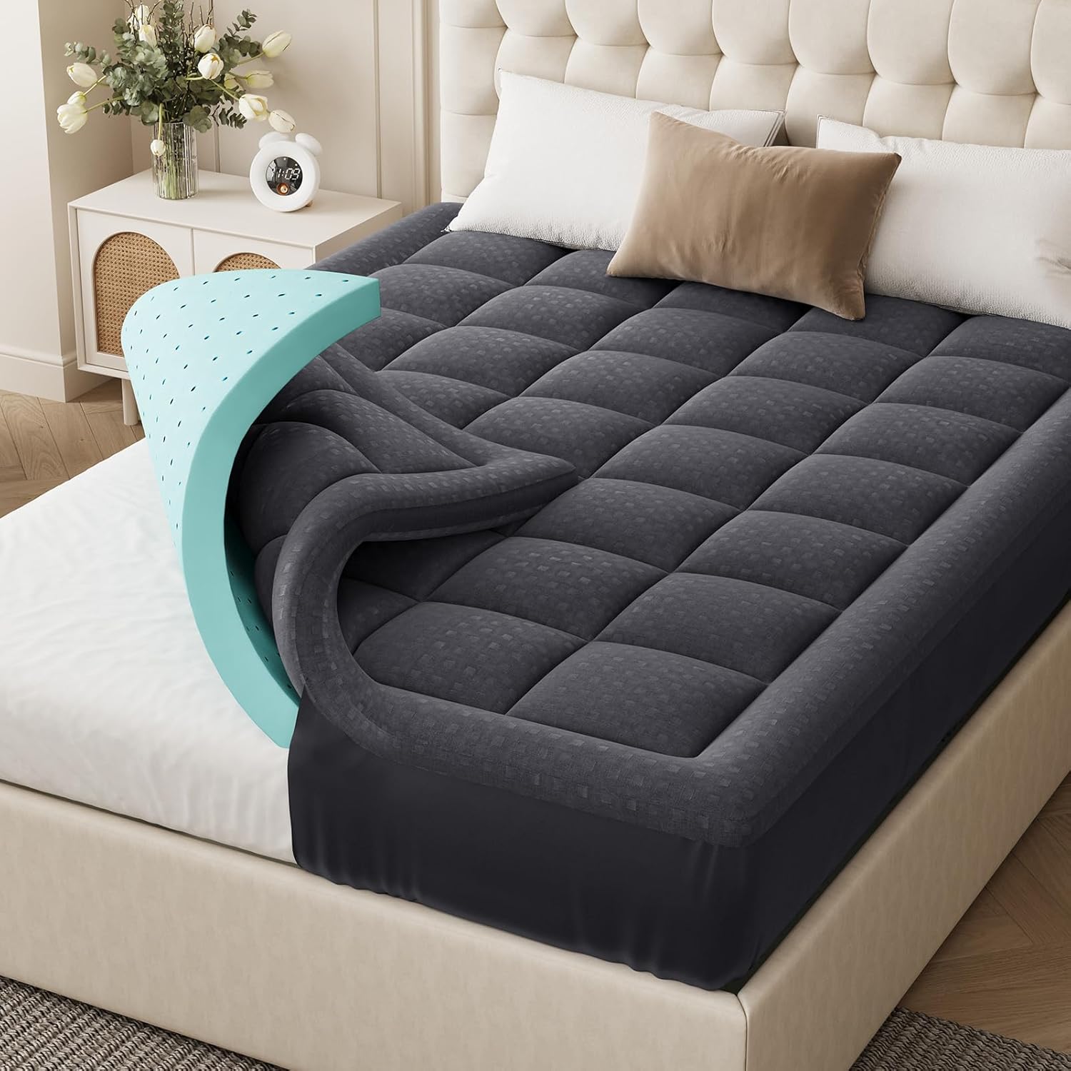 Belffin 3 Inch Dual Layer Memory Foam Mattress Topper Twin Size, 2 Inch Gel Memory Foam and 1 Inch Down Alternative Pillow Top Mattress Pad Cover with 8-21 Inch Deep Pocket, Grey 3 Inch-grey Twin (39" x 75")